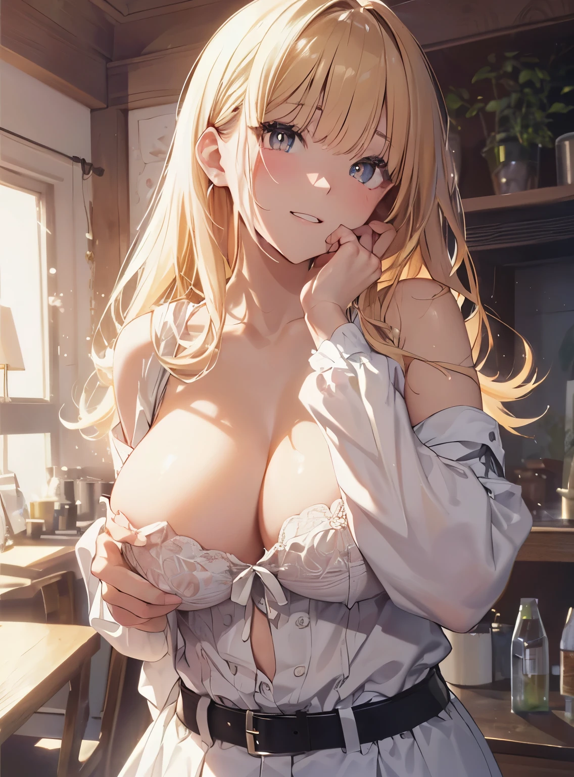 (official art、highest quality、Unity 8k wallpaper、32K、masterpiece、super detailed、超high resolution、realistic、Photoreal:1.2)、(cinematic lighting:1.2)、fire glow effect、film grain、best shadows、rim lighting、side light、(Super detailed and complex 3D rendering)、Background like Makoto Shinkai、very beautiful background、detailed beautiful face and eyes、(Beautiful and sharp pupils)、masterpiece, high resolution、highest quality, ultla highres, maximum resolution, very detailed, professional lighting, beautiful skin, 28 year old woman、very pretty、((realistic服装))、((((showing off areola、Half-taken clothes))))、bright hair color、blonde、neat bangs、bangs、dull bangs、(((sexual excitement、Very embarrassed)))