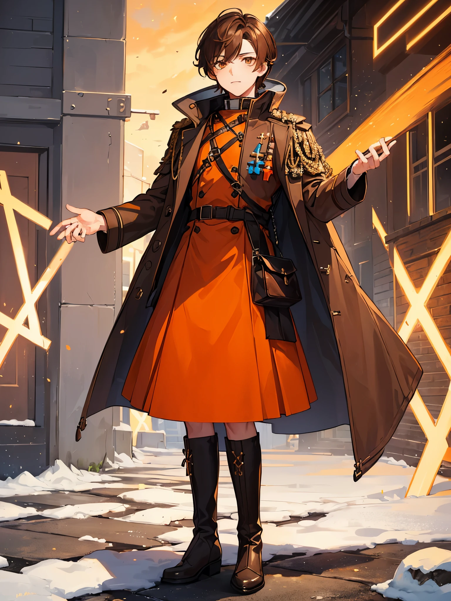 ((a boy)), ((brown hair)), ((orange eyes)), ((idol clothes)), ((Cross-dressing)), long boots, ((Beautiful boy)), ((individual)), ((dress)), ((Winter cotton military coat))
