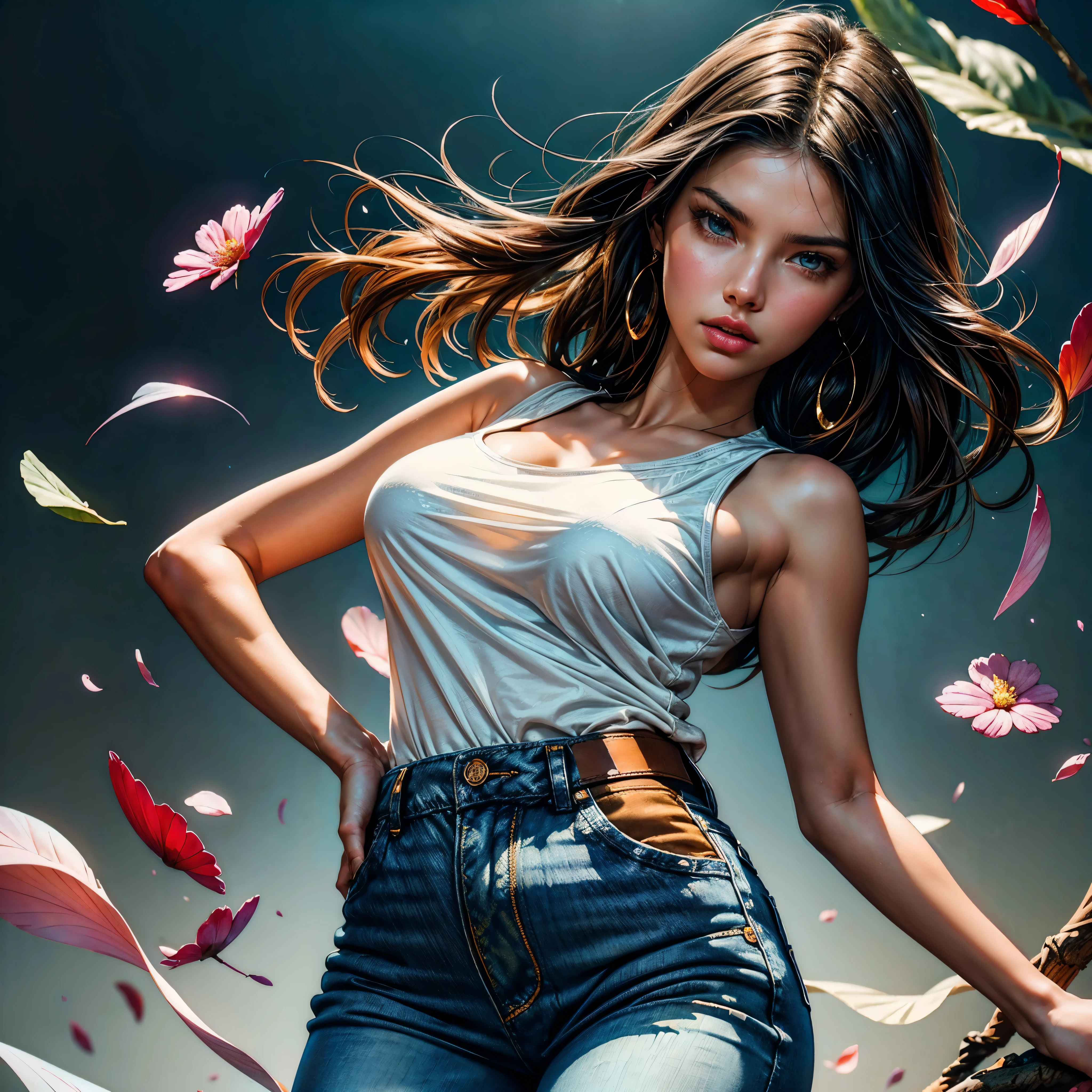 style FANTASTIC::Marc Silvestri ::5.0 COMIX illustration style, Fantastic Paintings--quality ,illustration style, DETAILED ,TATOON STYLE , Adriana Lima , gorgeous woman ULTRA DETAILED, (beautiful and clear background:1.2), (extremely detailed CG, ultra-detailed, best shadow:1.1), ((depth of field)), ((watercolor)), large breasts (with jeans and a white t-shirt:1.3), bare shoulders, flowers and petals, beautiful concept illustration , (white background:0.5), (illustration :1.1), (extremely fine and beautiful:1.1), (perfect details:1.1) varied multi etc. --v 6 --s 1000 --c 20 --q 20 --chaos 100
