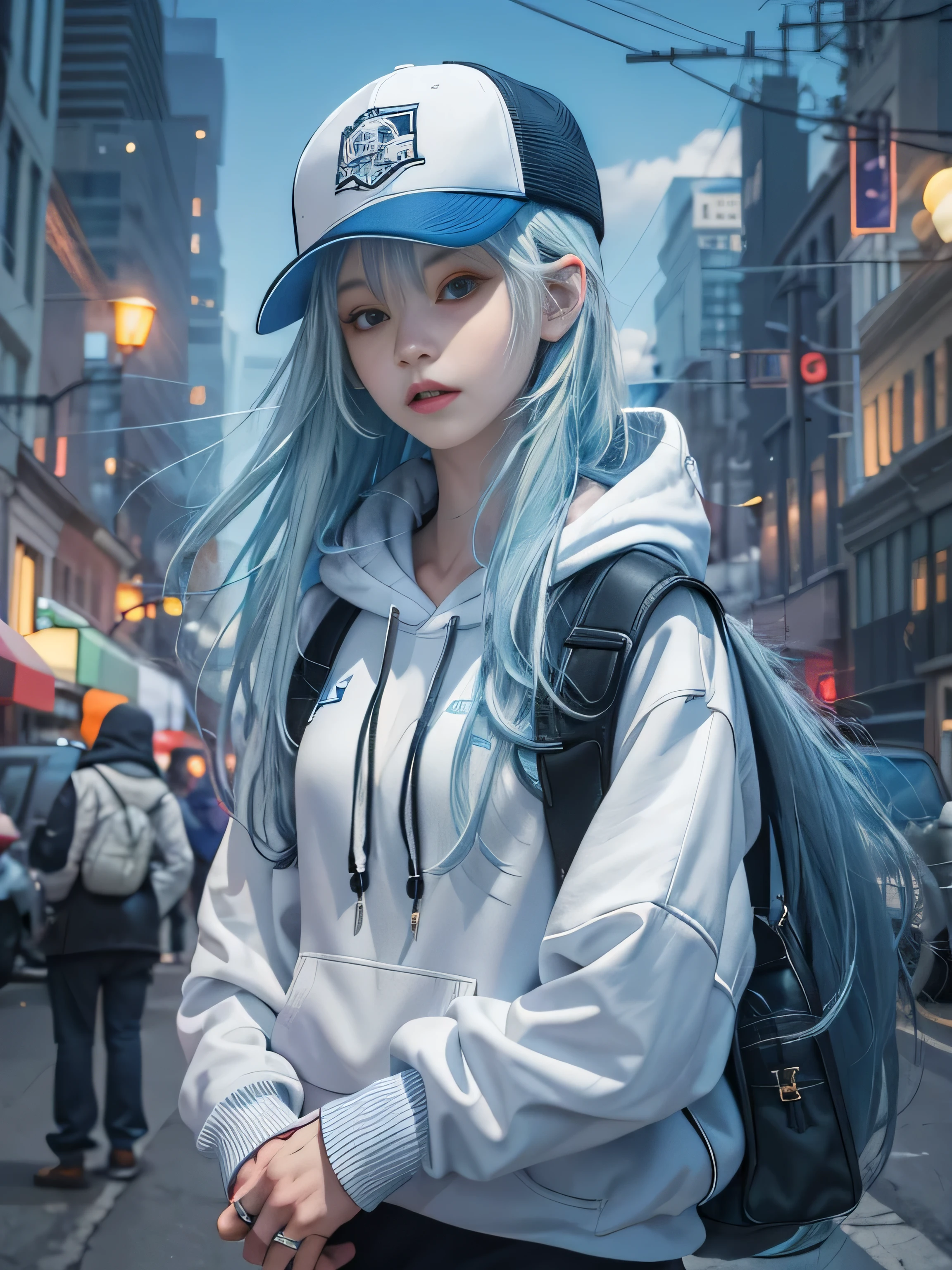 masterpiece,1 girl,alone,white long hair,blue hair,hoodie,cropped shoulders:1.2,mob cap,street,put your hands on your hips,put one's hand in one's pocket,black stockings