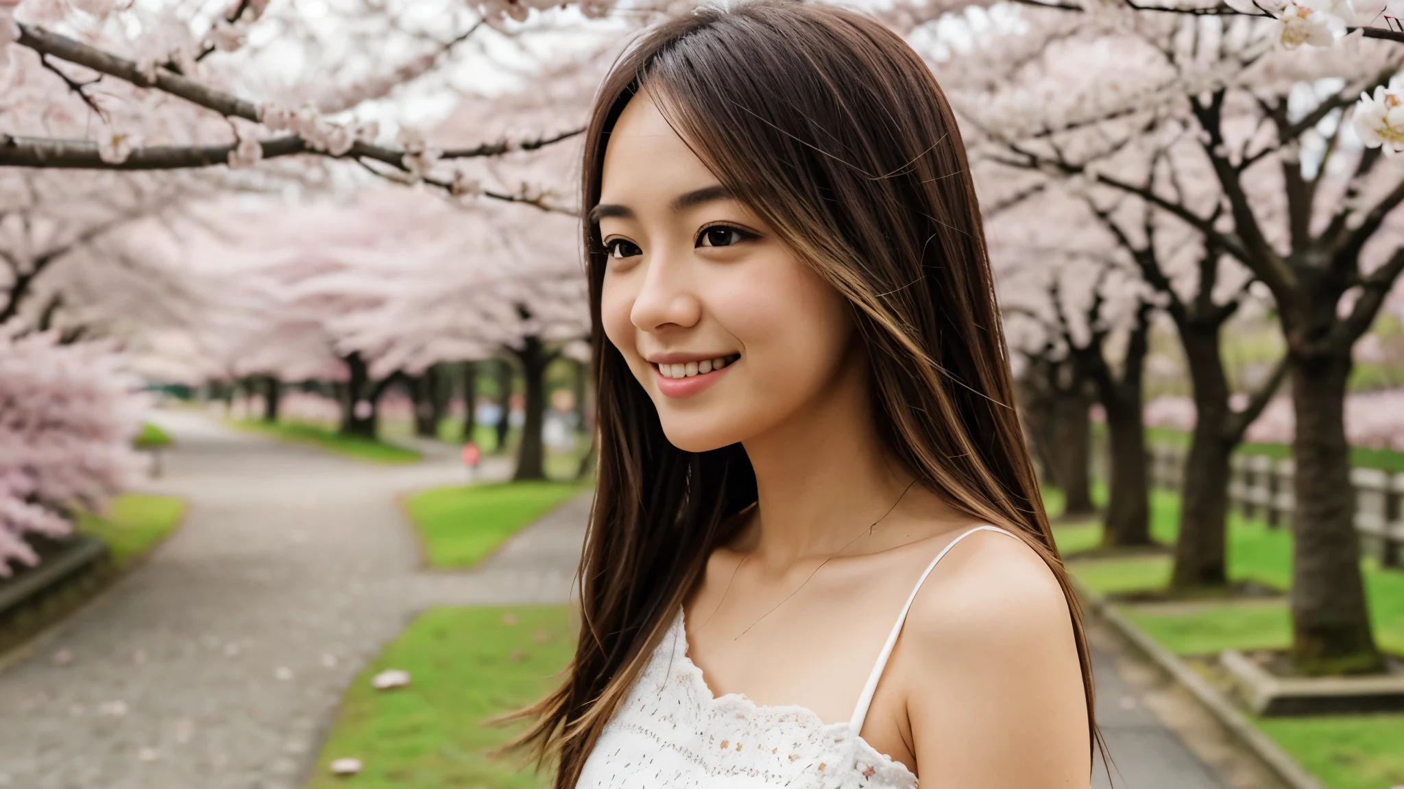 Instagram pictures, a girl with shoulder length hair, light blonde hair, a Close-up photo, Take a walk in the park with cherry blossoms, Japan, smile a little,
