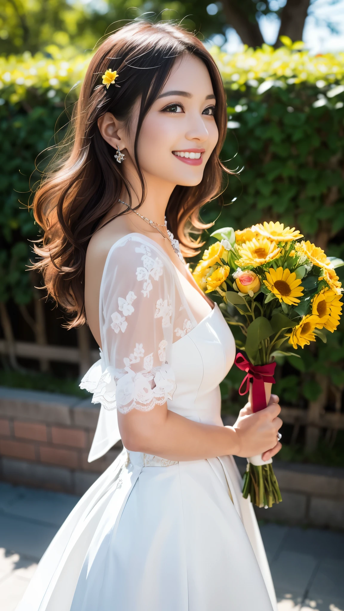 (8K,RAW photo、RAW photo、highest quality、master masterpiece:1.2)、super detailed、super resolution、(Photoreal:1.3)、Angle to shoot from the front、Clearly draw shades of light、High resolution RAW color photos、professional photos、Same skin type as humans、Female proofreading of Japan from head to waist、blur the background、I draw it faithfully to the anatomy.、very detailed and beautiful、Super high quality、length、Hair swaying and sexy、Highly detailed beautiful girl、smile、Loosely curly hair、wedding style、dress、cheese、ウェディングdress、Tierra、necklace、from head to foot、bouquet、flower garden、smile、natural light