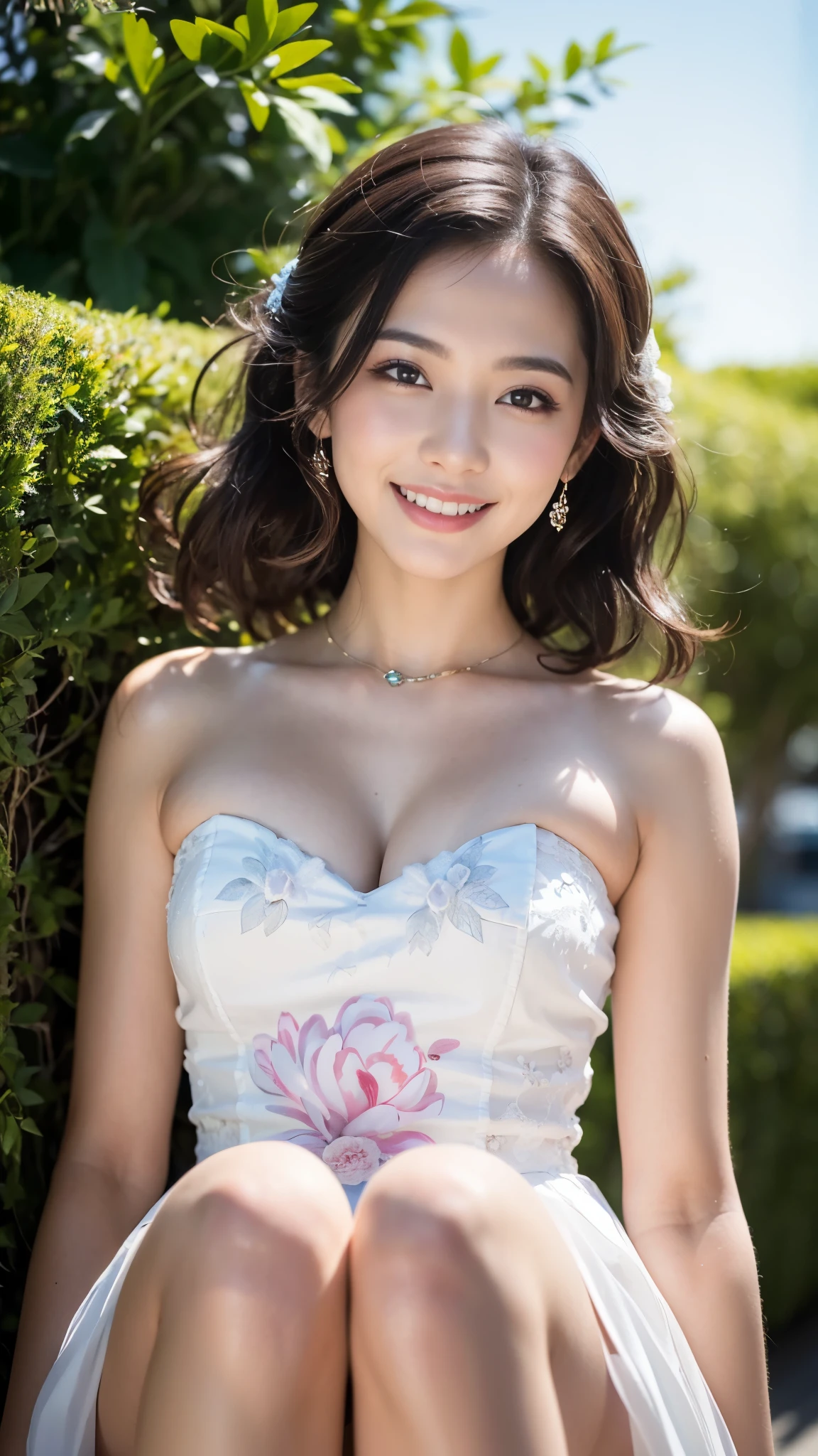 (8K,RAW photo、RAW photo、highest quality、master masterpiece:1.2)、super detailed、super resolution、(Photoreal:1.3)、Angle to shoot from the front、Clearly draw shades of light、High resolution RAW color photos、professional photos、Same skin type as humans、Female proofreading of Japan from head to waist、blur the background、I draw it faithfully to the anatomy.、very detailed and beautiful、Super high quality、length、Hair swaying and sexy、Highly detailed beautiful girl、smile、Loosely curly hair、wedding style、dress、cheese、ウェディングdress、Tierra、necklace、from head to foot、bouquet、flower garden、smile、natural light