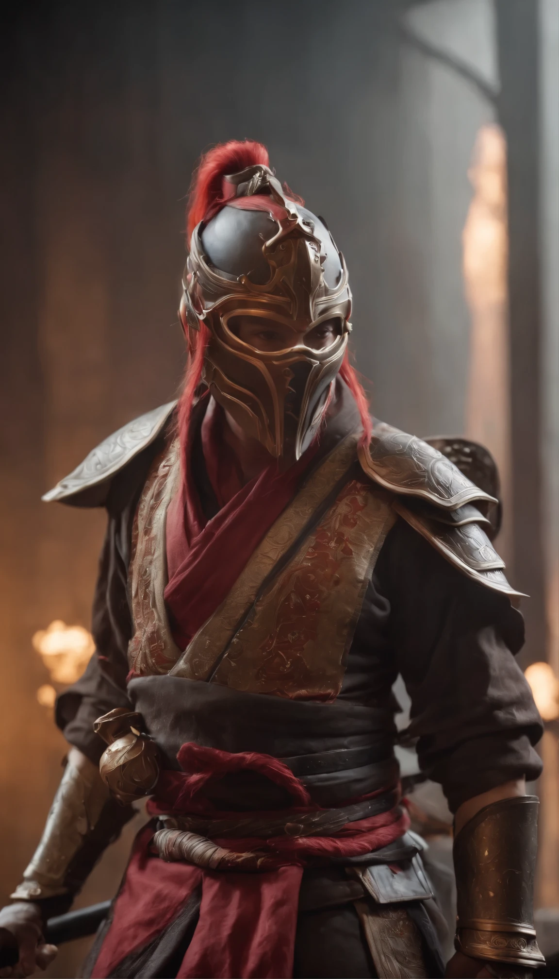 Ultrarealistic Raw image of a dust inflame on a old malay male is in katana pose ( Jodan-no- kamae) wearing Hanfu cybernetic warframe tennogen heavy armor , red lift matte color, medium and dark background neon gradient skin preset color,hight texture and clarity,sharpening texture, sharp focus, vignette rim lighthing --ar 9:16 --s 750 --v 6.0 --style raw