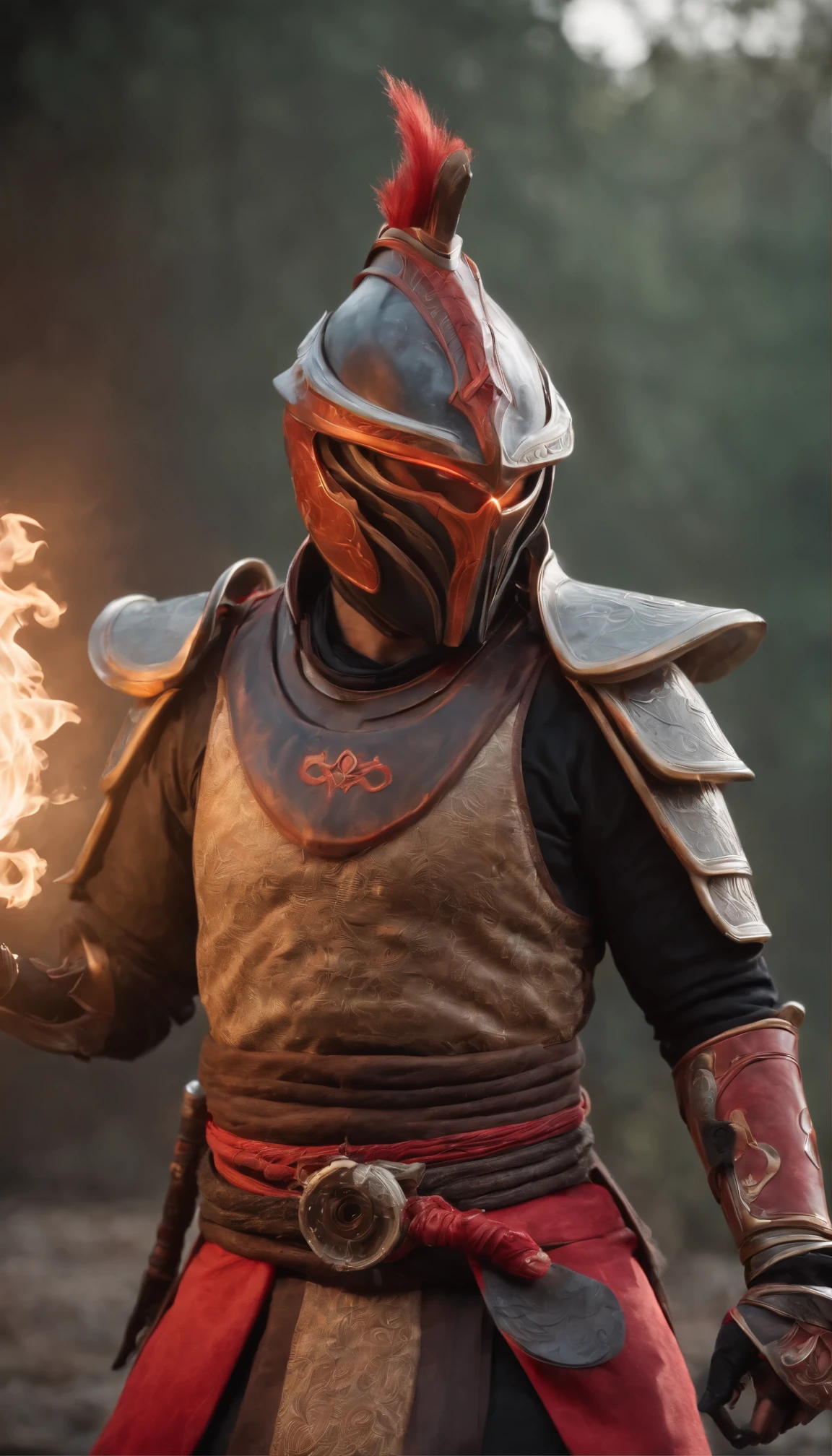 Ultrarealistic Raw image of a dust inflame on a old malay male is in katana pose ( Jodan-no- kamae) wearing Hanfu cybernetic warframe tennogen heavy armor , red lift matte color, medium and dark background neon gradient skin preset color,hight texture and clarity,sharpening texture, sharp focus, vignette rim lighthing --ar 9:16 --s 750 --v 6.0 --style raw