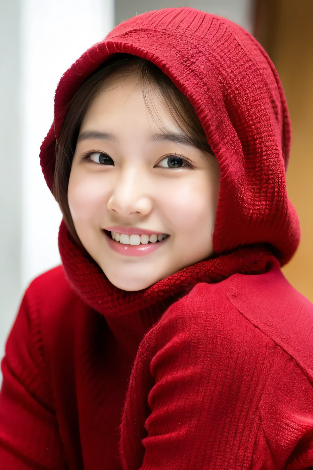 image of a chubby 30 year old woman's face, wearing a hijab, original Indonesian face, wearing a red sweater, smiling, very detailed image,((best quality)), ((masterpiece)), (detailed), perfect face