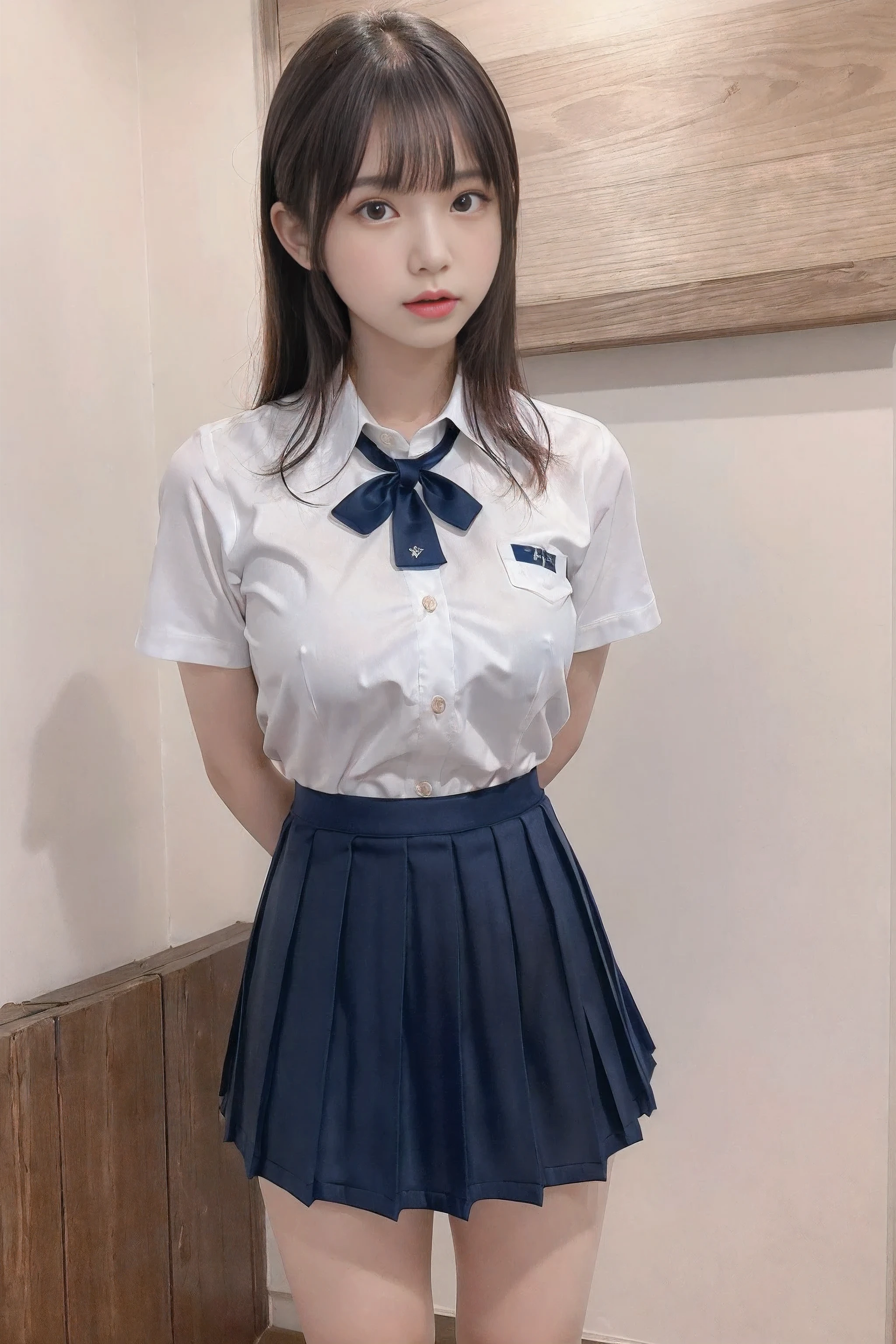 (8 times_NMKD-Super Scale_150000_G),(8K, Super high quality,highest quality),(masterpiece:1.5),(Front-facing body),(girl),(),(turn your arms behind your back:1.5),((Blue Neck Ribbon), (white shirt), (Navy blue pleated mini skirt), (navy high socks)),Beautiful Girl Student