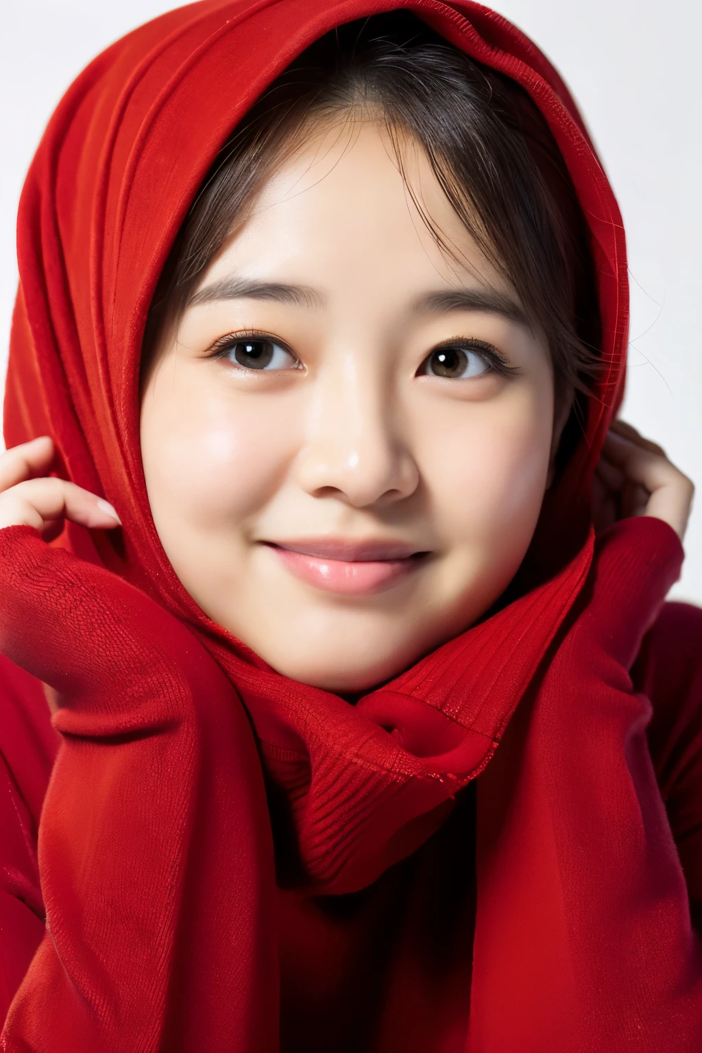image of a chubby 30 year old woman's face, wearing a hijab, original Indonesian face, wearing a red sweater, smiling, very detailed image,((best quality)), ((masterpiece)), (detailed), perfect face