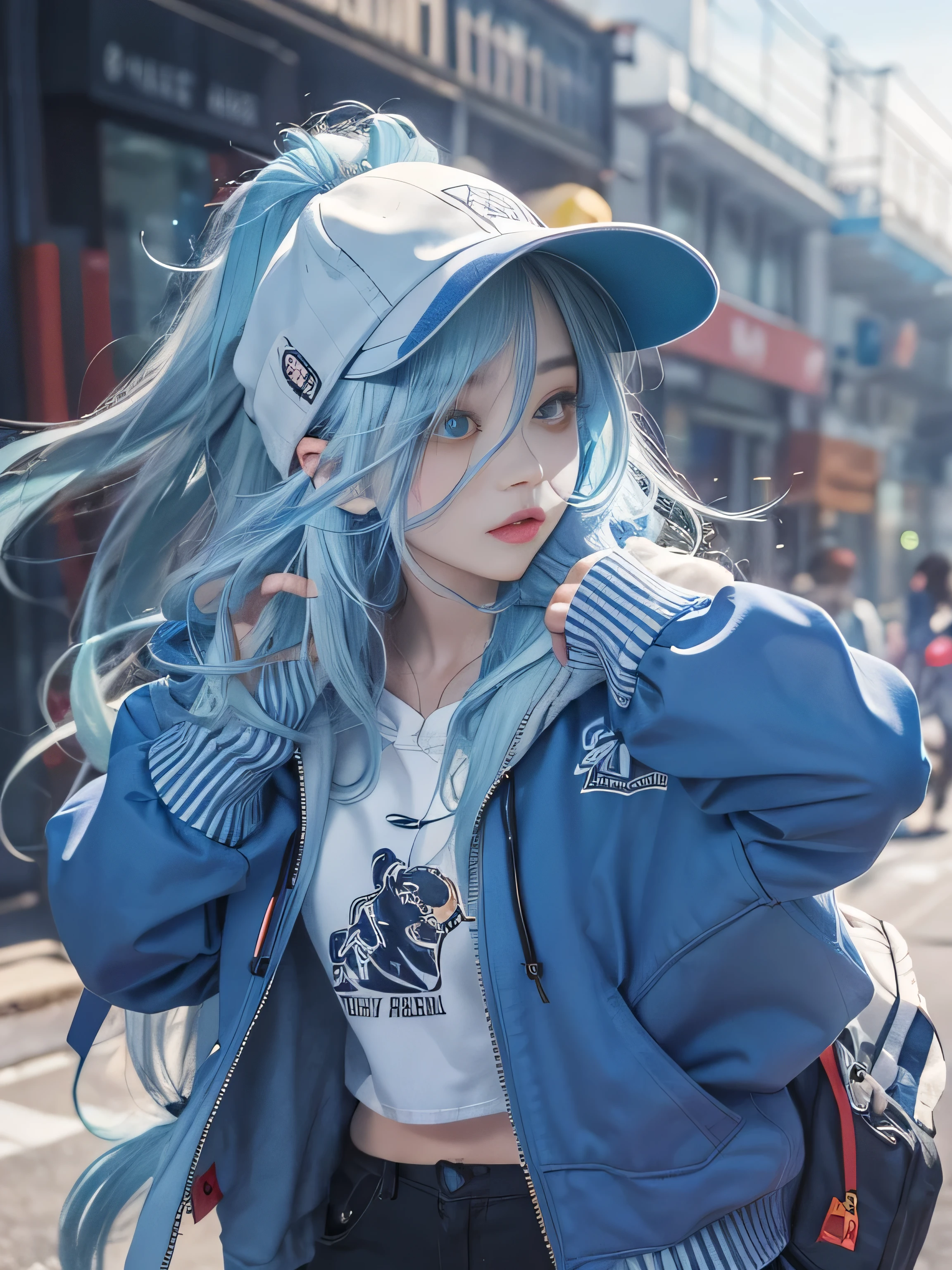 masterpiece,1 girl,alone,white long hair,blue hair,hoodie,cropped shoulders:1.2,mob cap,street,put your hands on your hips,put one's hand in one's pocket,