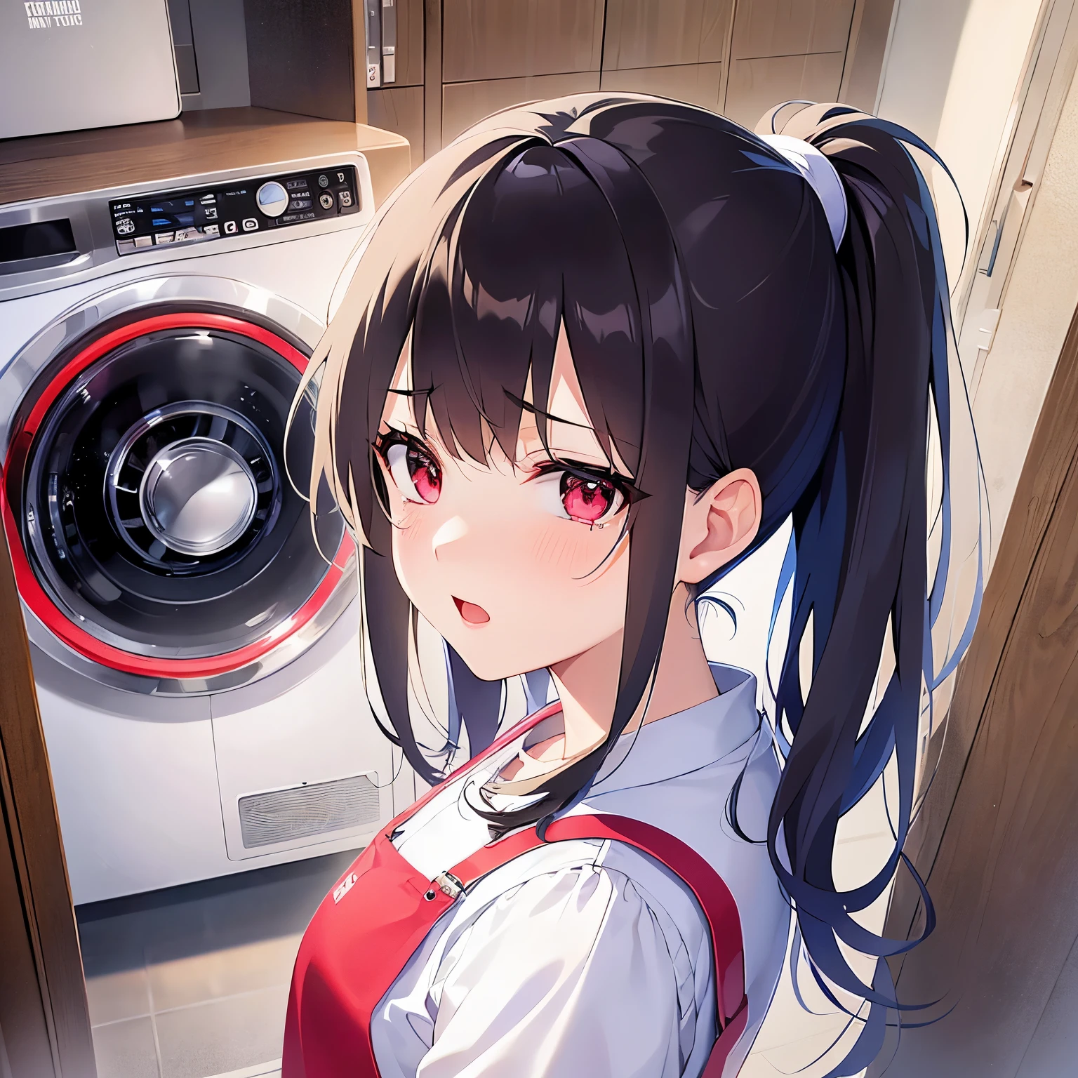shooting from above、high quality、masterpiece、Realistic, real person, RAW photo, photorealistic, portrait photography, shiny skin, japanese idol、shiny hair、(25 year old woman with black bangs) and (ponytail) and (red eyes), curvy, He wears a plain white shirt with long sleeves., (wearing a red apron:1.3)、(embarrassed:1.3), (tears:1.1), The background is the washroom、washing machine、floor