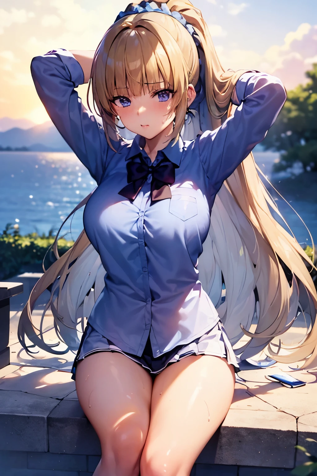 photo of kei karuizawa with large breasts and a huge ass and wearing a bikini doing squats on a beach with sunny weather,  (light skin), (sweating) ,(beautiful scenery),(perfect face), masterpiece, blush, 1girl, solo, smooth anime cg art, (hands behind head:1.2), 4k digital art, sensual poses