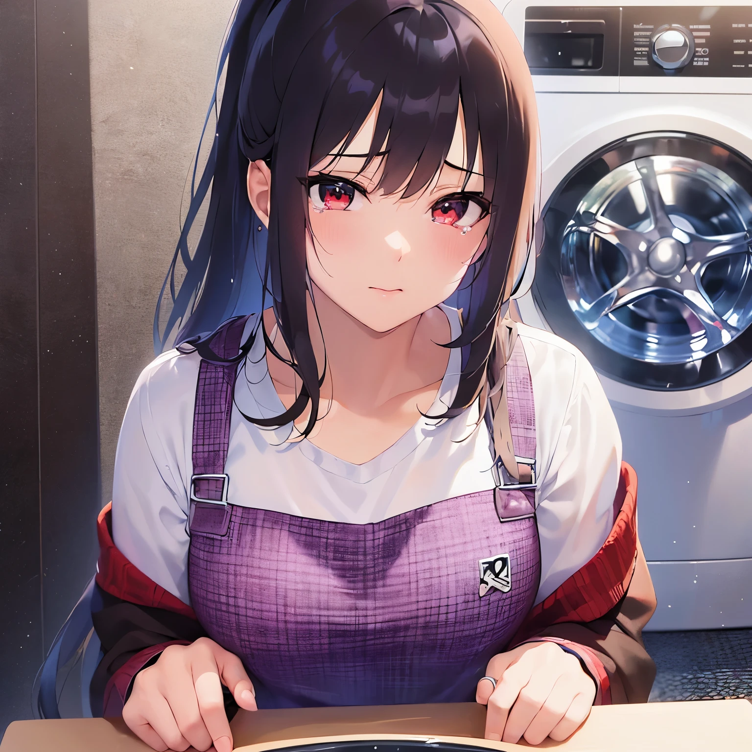 Resting hand on cheek, high quality、masterpiece、Realistic, real person, RAW photo, photorealistic, portrait photography, shiny skin, japanese idol、shiny hair、(25 year old woman with black bangs) and (ponytail) and (red eyes), curvy, He wears a plain white shirt with long sleeves., (wearing a red apron:1.3)、 (tears:1.3), The background is the washroom、washing machine、