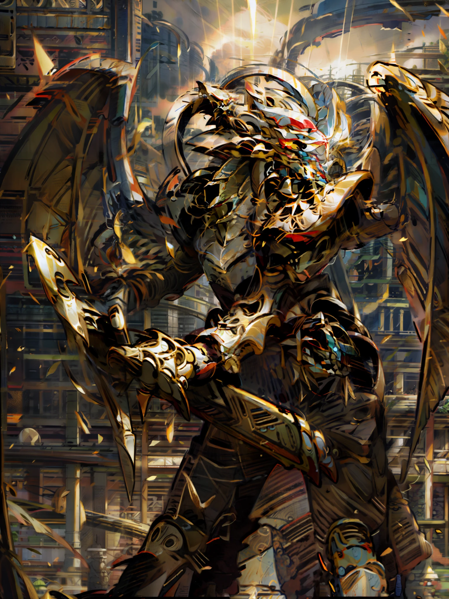 Armor-style nights, gold armor, cloth robes, red cloth, light armor, dragon armor, ra_ygo, ra_ygo armor, Dexo, Dexo head, small wings, bright gold armor, reflective gold armor, holding rifle, holding gun, standing in rubble, standing in ruin, surrounded by ruin, clear sky, light blue sky, robot head, 1 wing, front view,