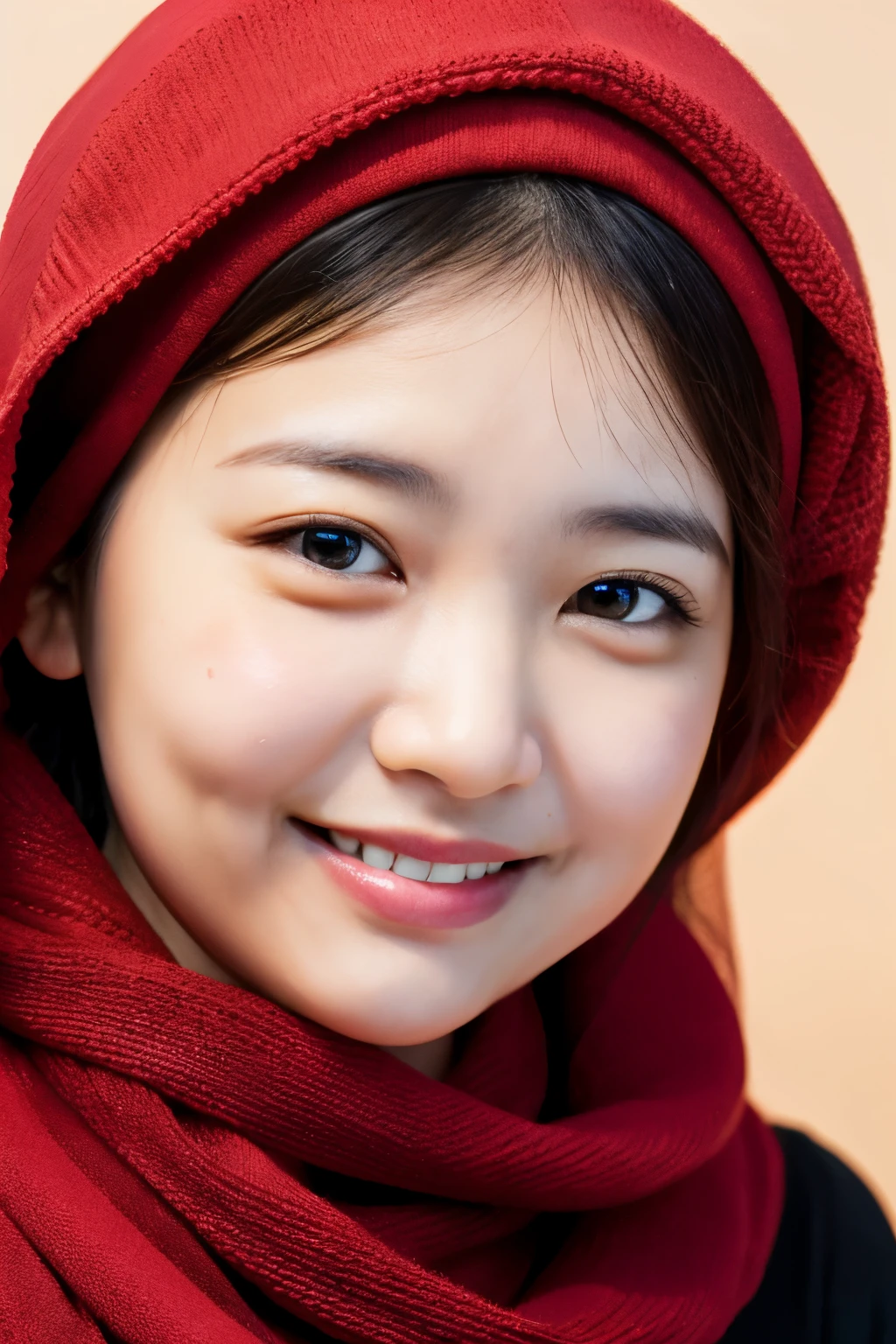 image of a chubby 30 year old woman's face, wearing a hijab, original Indonesian face, wearing a red sweater, smiling, very detailed image,((best quality)), ((masterpiece)), (detailed), perfect face