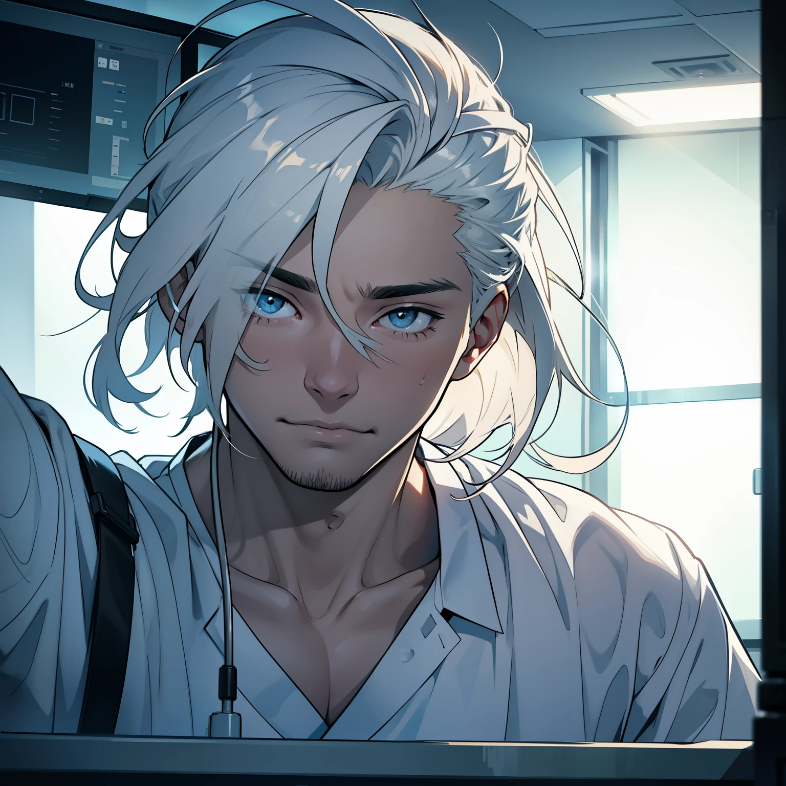 (Masterpiece, 4k, high resolution)
A Korean man lies in a hospital bed, the white linens stark against his pale skin. his eyes flutter open, revealing a seemingly ordinary face, with features that suggest a man in his late thirties, wearing a white hospital gown. He is a man of routine, the remnants of his daily life and work etched into the lines of his face. But as he tries to focus, the memories of these things begin to elude him.
He squints at the sterile white walls of his hospital room, the beep of the monitors the only audible sound. The nurse's face comes into focus, concerned as she checks