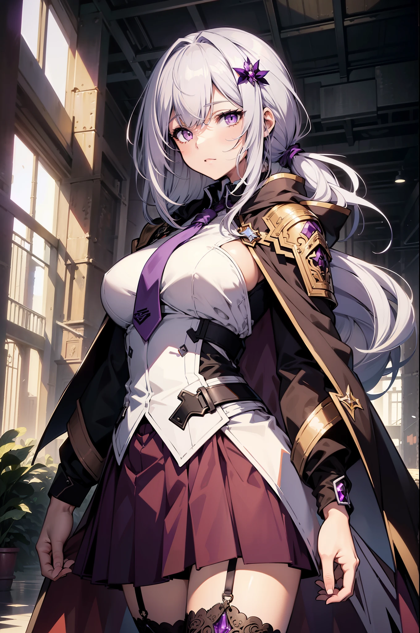 (best quality:1.3), (masterpiece:1.3), (illustration:1.3), (ultra-detailed:1.3), (imid shot:0.9), 1girl, medium breasts, purple eyes, (((white hair))), hair ornaments, tall, mature, long hair, indoors, thigh-highs, (low ponytail:1.2), upper body, white suit, necktie, black and purple cloak, long sleeves, skirt