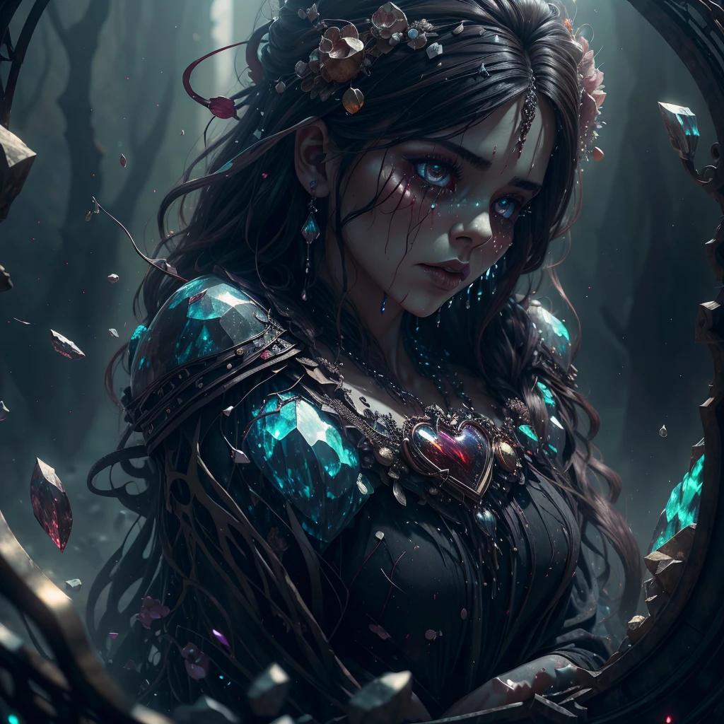 (((One bbw brunette woman))) broken heart, devastated, wind blown hair, heart abaya, (Eden), ethereal, (8K HDR 0.8) (Cinematic lighting 0.9) (Ultra-detailed and complex elements 0.7),(Broken mheart), (murderous background 1.1) iridescent, (crying Emotions 1.2)(Broken Glass Memories 1.2) (Blood-dripping thorns 1.2), shattered hearts, teardrops, blood falling from eyes, valentines djellaba, blood tears dripping, bloody heart, lost soul, big heart with mini broken hearts inside, fantasy art, cinema 4d, polished, colorful, intricate, eldritch, ethereal, vibrant, surrealism, surrealism, vray, nvdia ray tracing, cryengine, magical, 4k, 8k, masterpiece, crystal, glowing, bleeding, floating, flying, essence, hope, aurora