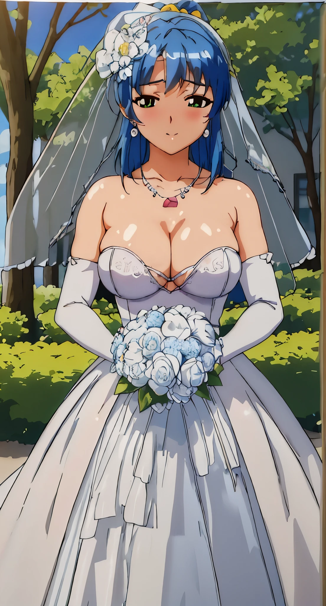 Ayumi_tenkawa,
blue hair, Bangs,green eyes,Headband,ponytail,
1 girl, 20 years old,young women,Close-up of beautiful bride wearing beautiful bridal dress,Guwitz,（Keep your mouth shut：1.5）,Smile,Bridal makeup，Purple eye shadow,Double eyelids，pink blush，pink lipstick，（Transparent short veil：1.5），Blush，double-headed flower，headgear，（bandeau wedding dress：1.5），（Strapless wedding dress：1.5）,pure white dress，necklace，earrings，(large breasts:1.3)，Deep V peach heart collar wedding dress，透过Bangs，（elbowgloves：1.3)，High detail RAW color art,