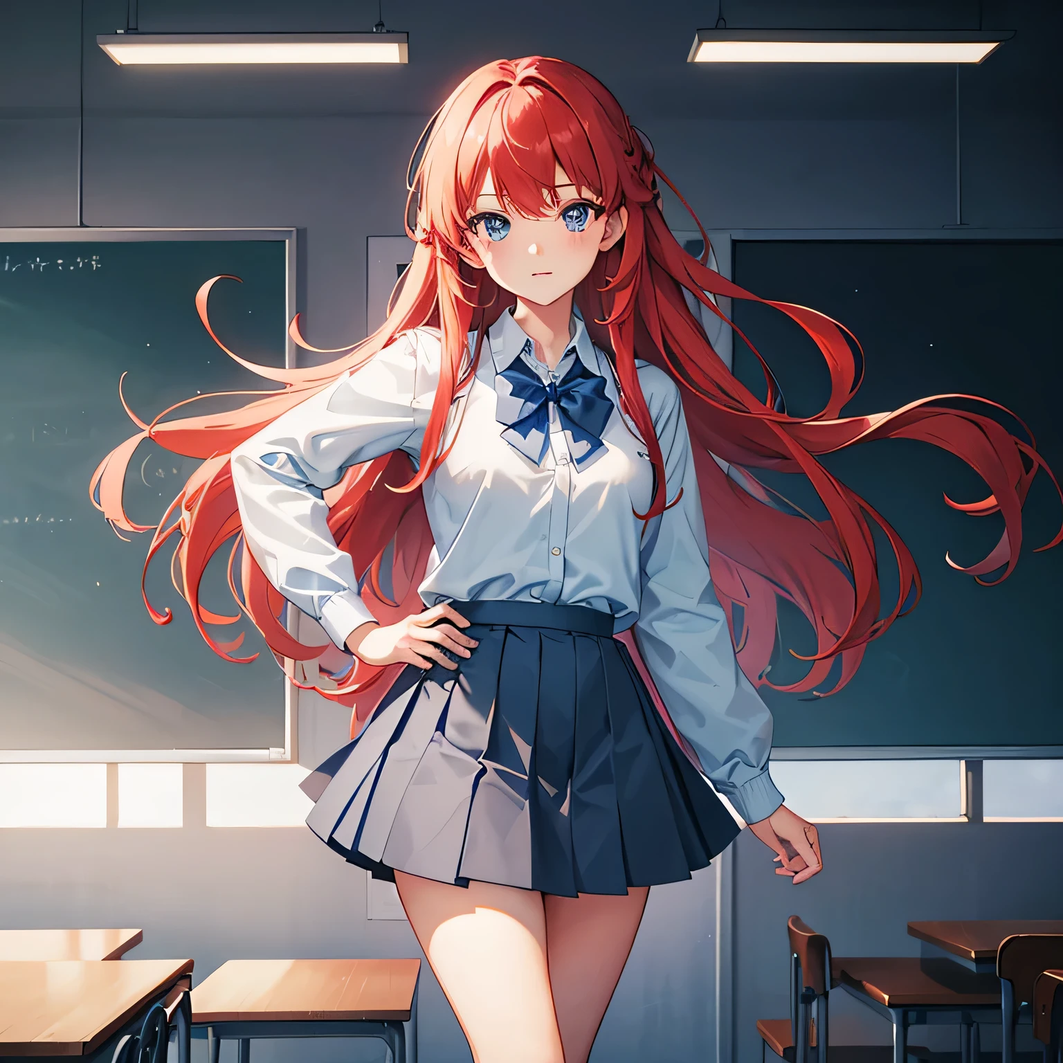 two-dimensional,beautiful girl,alone ,Light blue school uniform jacket,((gray skirt)),light red hair,blue eyes,student,high quality,((sky blue bow tie)),permanent,Beautifully,precise,high resolution,8k、whole body,classroom,solid color background