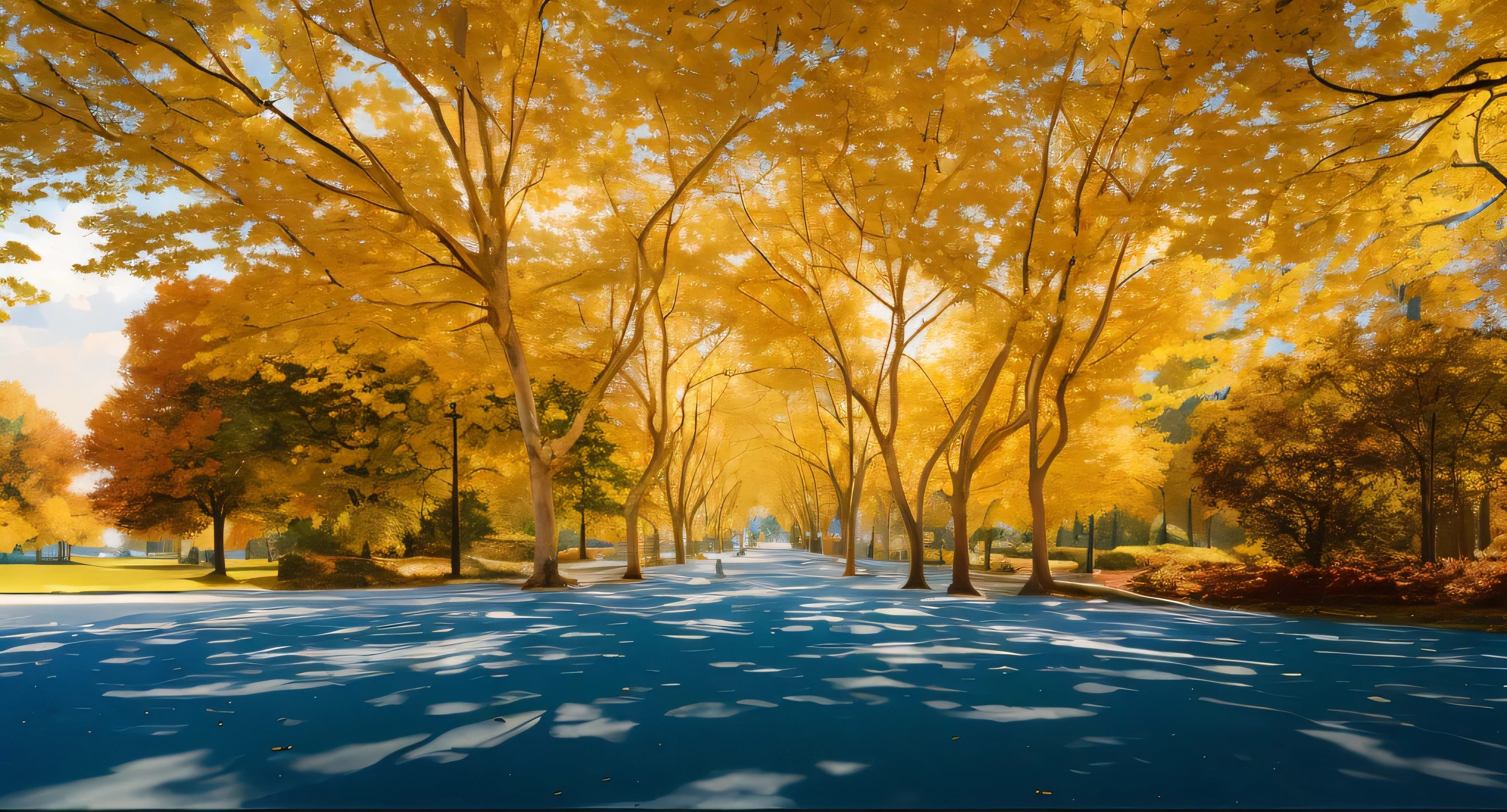 (best quality,4K,high resolution,masterpiece:1.2),very detailed,realistic,Autumn,tree lined street,There are yellow leaves in the park, 생기 넘치는 Autumn 단풍, beautiful and detailed tree, 화려한 Autumn 나무, Sunny day in the park, photography, golden leaves, the rich, vivid colors, picturesque scenery, tranquil atmosphere, oil painting, A lot of, Van Gogh, High definition 4K, Flawlessly detailed, vivid silhouette, Uniform Tint --Automatic