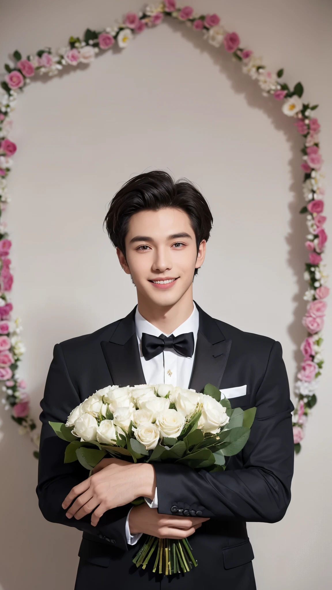 (hlaf body potraid:1.3),front view,cute,smile,Superior Quality, Masterpiece, beautiful hand,Ultra High Resolution,(Photorealistic: 1.4),Portrait of a handsome young man wearing black suit inside white studio room with lots of flowers, he is holding a bundle of roses to celetrate valentine's day,valentine style,plain background,front view