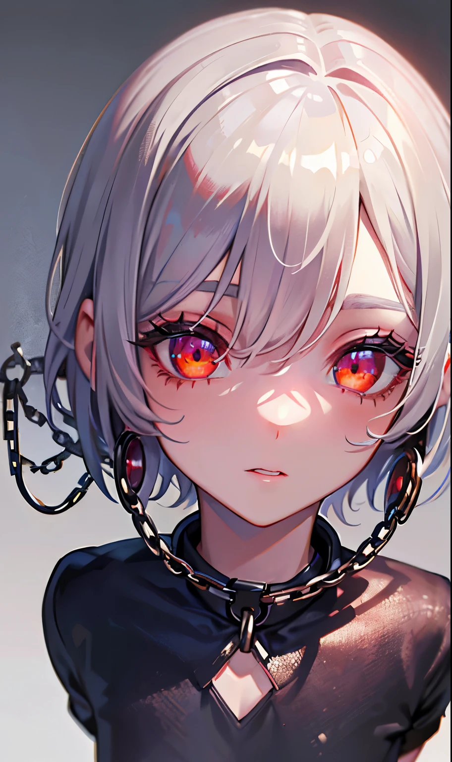 (Masterpiece, Side Light, Fine Beautiful Eyes: 1.2), (Masterpiece* Portrait), Portrait, (Bust), Realistic, Anatomically Correct, 3D Face, Sweet Skin, (Solo), Highlights, Gradient Hair, (Close-up of Face), Cute Face, (Fire Opal General Scarlet Eyes), Hanging Eye Corners, ((High Detail Skin, Visible Pores)), (Perfect Figure), A Beautiful Girl, Small Breasts, ((school_uniform), (Neck Ring), Very, very short short gloves, (chains)