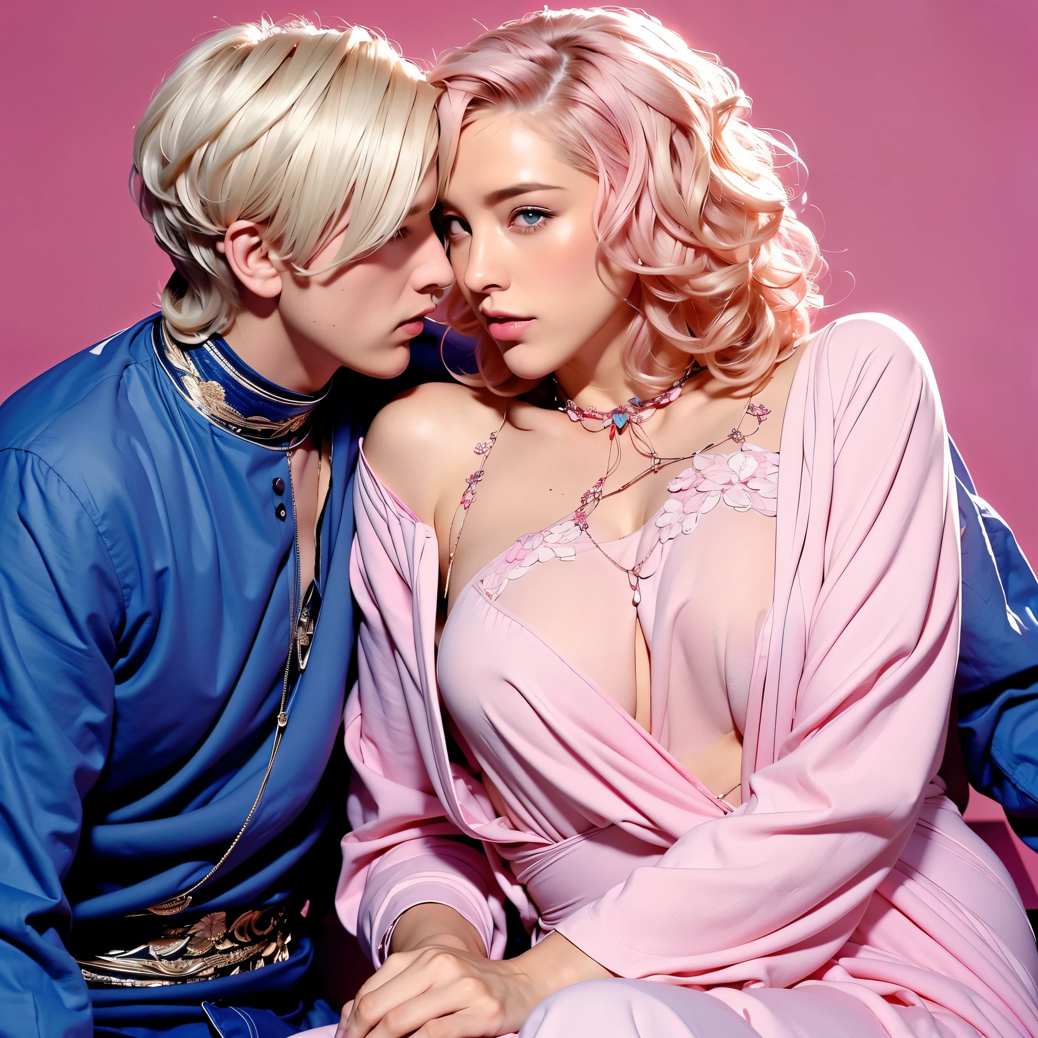 woman sitting on man's lap ((man, male, masculine, short hair, blonde hair, short hair man near woman)) woman, curly hair and long pink hair, blue eyes (woman with pink hair), two people one man is a woman)(( ((Only the woman with long hair))((man with short hair))Two people man and a woman