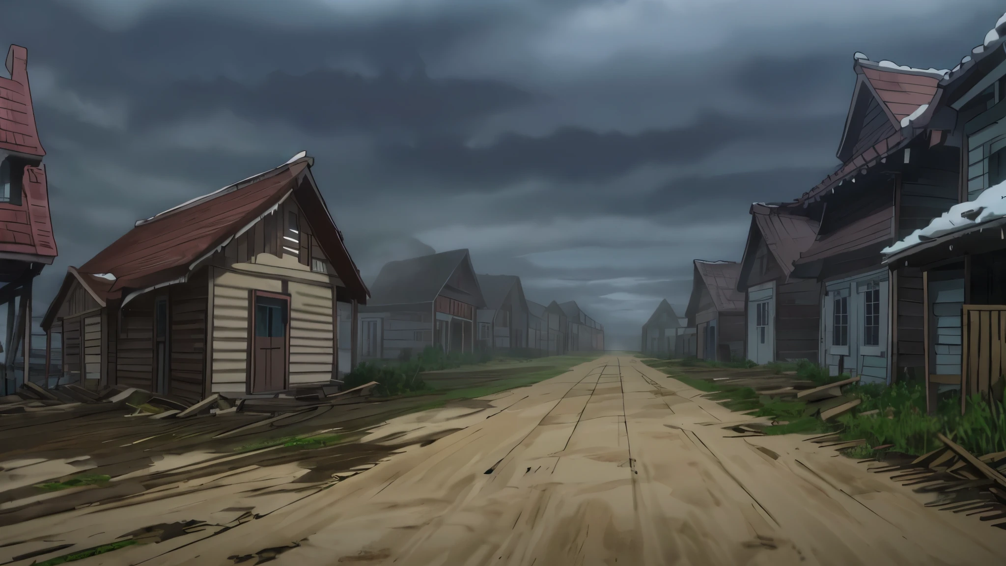 village, ((Abandoned village)), gloomy atmosphere, ((There is a church in the center of the village)), Abandoned houses, Slight fog, A lot of houses