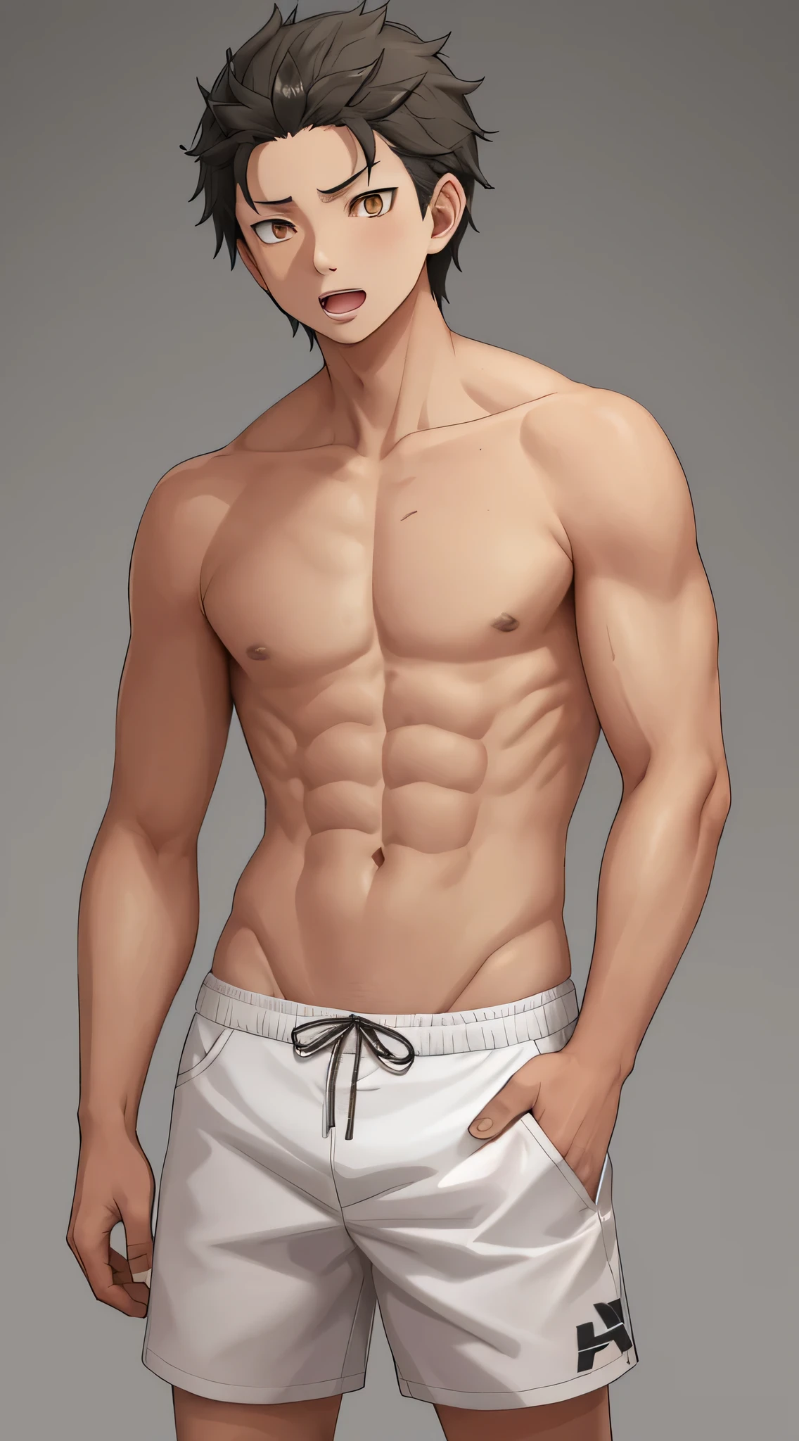 high resolution, sharp focus, Pixiv masterpiece, ((intricate details)), Very detailed, natsuki_subaru, 1 person, open mouth,male love, golden eyes(eyes glow), black hair color hair,white shorts,shirtless,abdominal muscles,looking from bottom to top,simple background