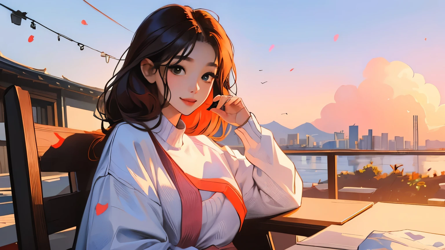 ((masterpiece)),(((bestquality))),((ultra-detailed)) realisticlying, 1 girl, korean woman, Beautiful, sit on the chair, wearing a sweater, Beautiful sunrice, solo,  The sky turns red at morning, Face smile, looking to viewer, white rose, outdoor.
