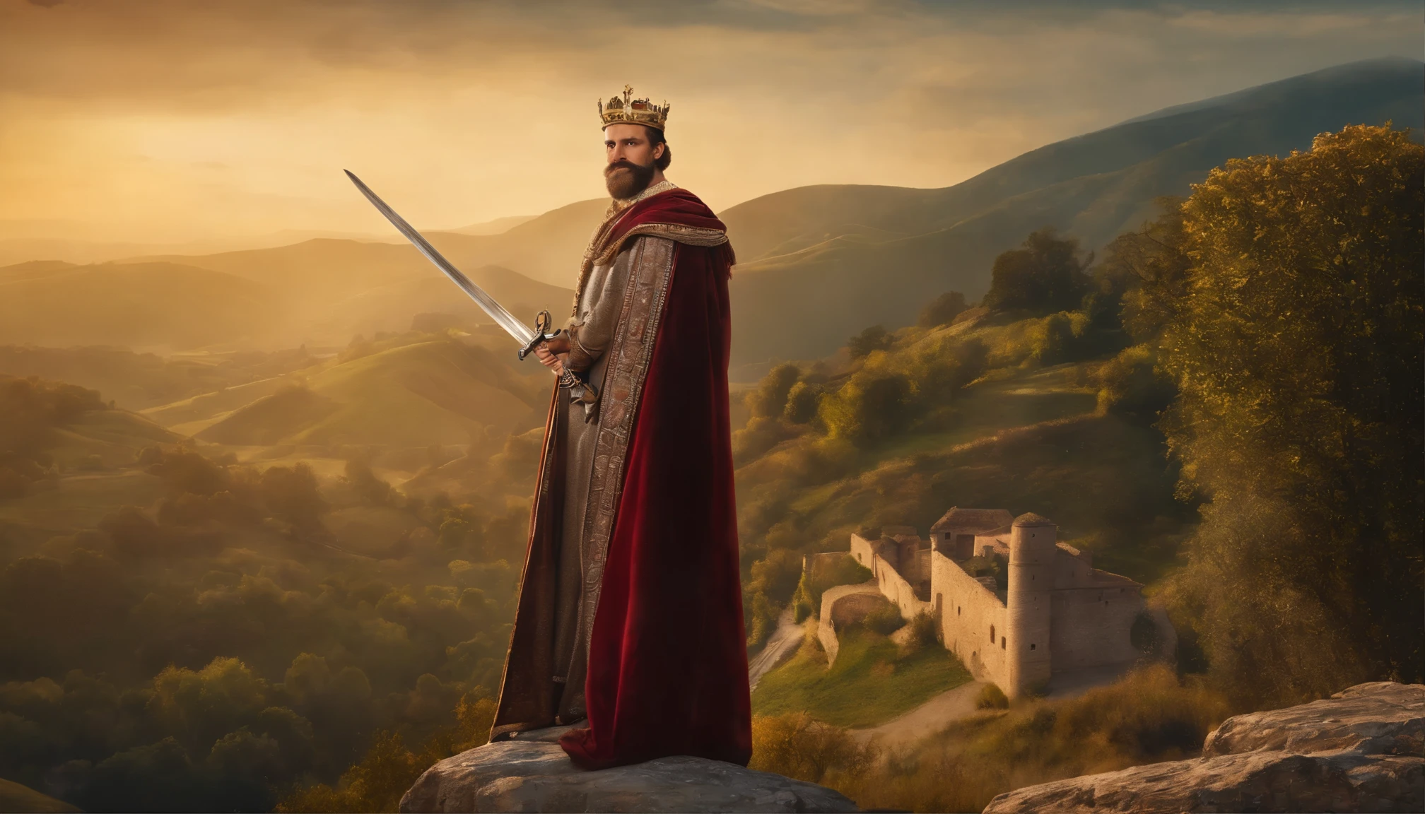 (a realistic photo of) King David IV of Georgia, the Builder, (in a) picturesque landscape (with) vibrant colors, (featuring) impressive detailed facial features, (including) sharp eyes with prominent eyebrows, an elegant nose, and a well-defined mouth, (wearing) a majestic crown and regal attire. The king stands tall, exuding confidence and authority, (with his) hands-on a grand sword, symbolizing his strength and bravery. The backdrop showcases the beautiful Georgian countryside, with rolling hills, lush greenery, and a clear blue sky. The lighting accentuates the king's regal presence, with warm sunlight casting soft shadows. This artwork captures the essence of King David IV, showcasing his monumental achievements and significant role in Georgian history. (best quality, realistic, vibrant colors, ultra-detailed, professional, portraits)