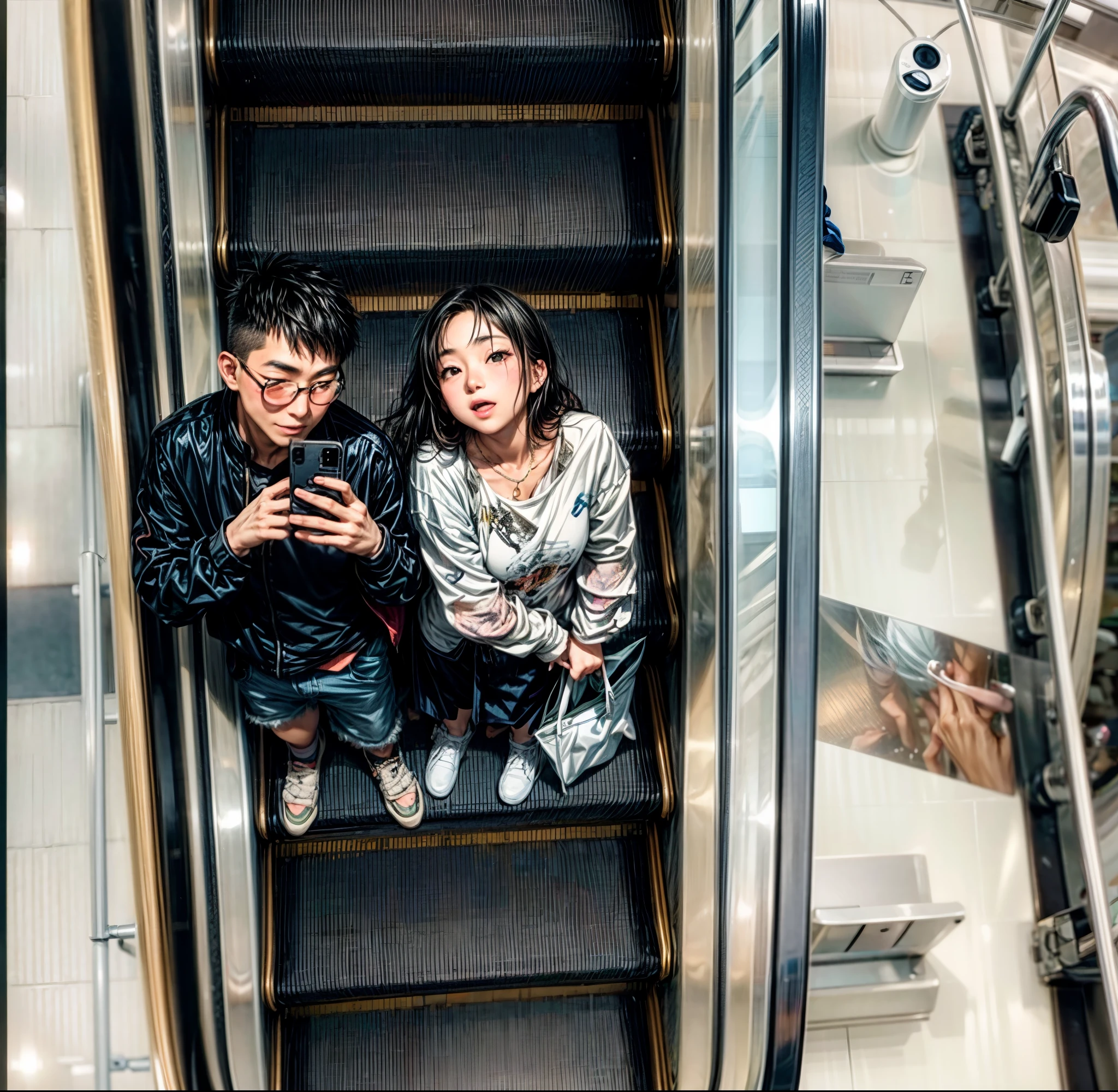 A young asian couple standing On the escalator takes a photo of the reflection in the mirror , only Man wearing glasses, highest quality, super detail, They smile, skin bright