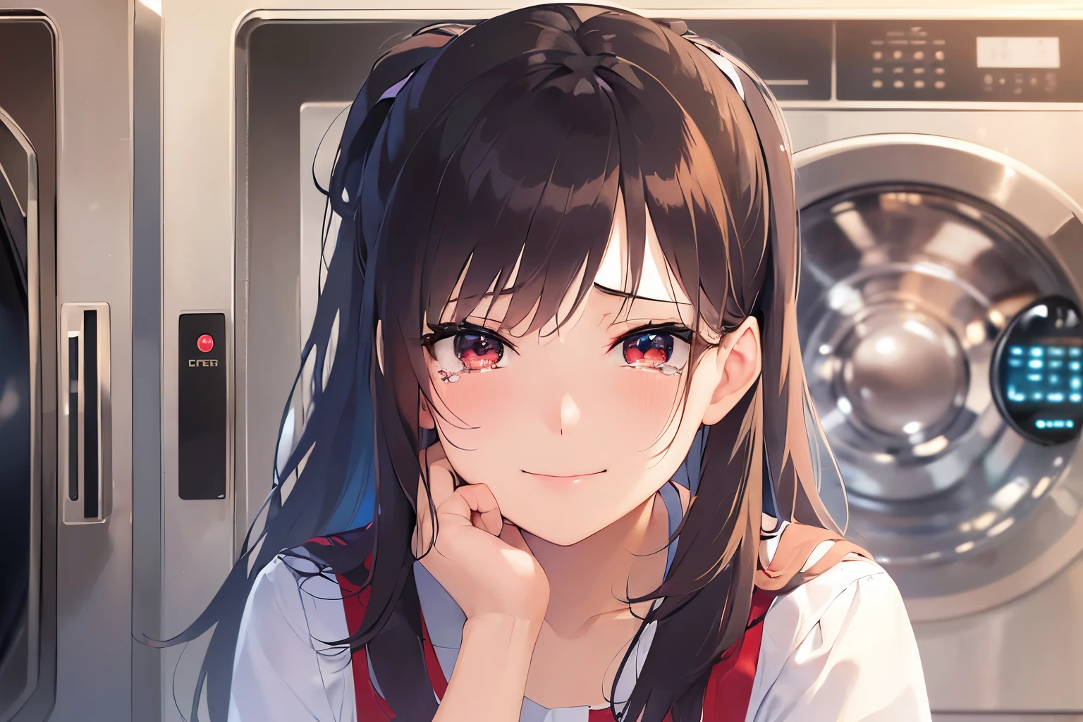 Resting hand on cheek, high quality、masterpiece、Realistic, real person, RAW photo, photorealistic, portrait photography, shiny skin, japanese idol、shiny hair、(25 year old woman with black bangs) and (ponytail) and (red eyes), curvy, He wears a plain white shirt with long sleeves., (wearing a red apron:1.3)、 (sad smile:1.3), (tears:1.2), The background is the washroom、washing machine、
