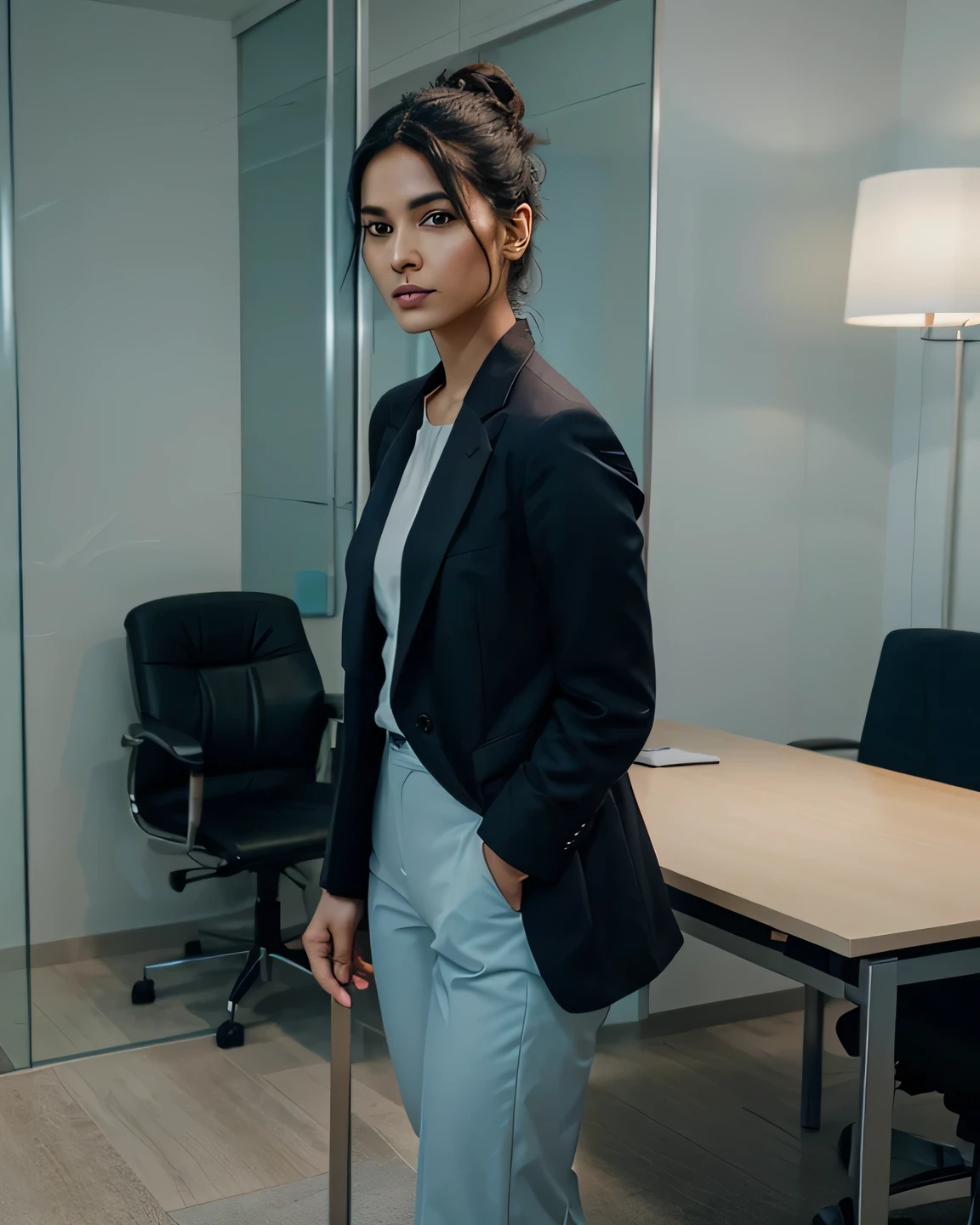 North Indian Female model in mid twenties, fair complexion, Black hair, Oval Face. Dressed in a tailored navy blue suit, the model stands confidently with her black hair pulled back into a sleek bun. She wears a light blue blouse underneath and complements her outfit with a pair of classic black pumps, ready to deliver a presentation with a laser pointer in hand against a backdrop of a modern office. The image captures the essence of professionalism and grace, highlighting the model's determination and readiness. Her posture exudes confidence, standing as a beacon of empowerment in the corporate world. The office setting is sleek and contemporary, with glass walls and a minimalist design that emphasizes the model's presence. Photographed by Elena Ivanova, using a Canon EOS R5 with a 24-70mm f/2.8 lens, Award Winning Photography style, High-key lighting with soft shadows and a touch of backlighting for depth, 8K, Ultra-HD, Super-Resolution.