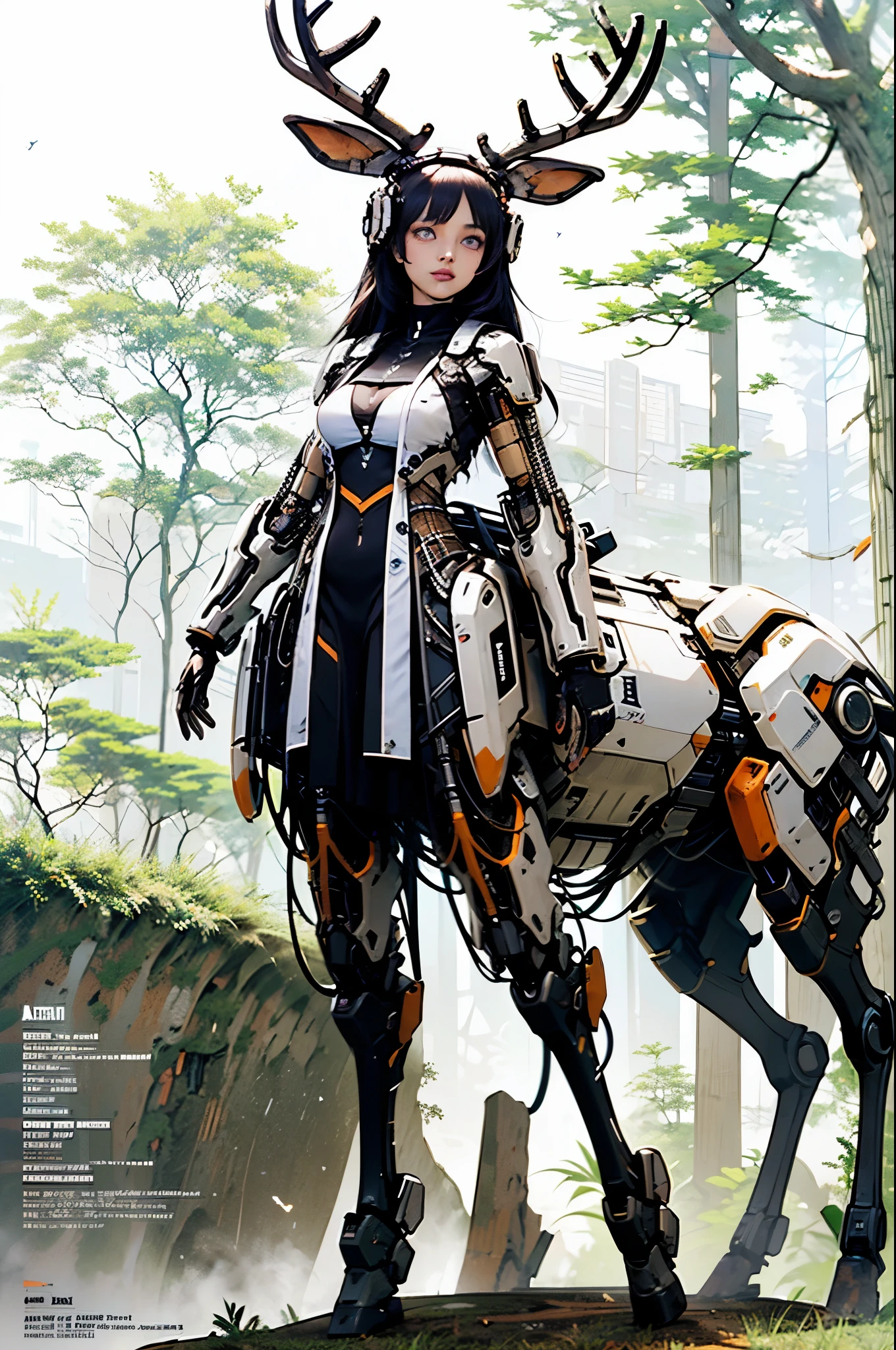 masterpiece, (1girl:1.5), extremely detailed female character, full body shot, best quality, dnd, dungeons and dragons, (curvy, athletic, pointy ears), (deer, deer ear, anthro, horns, glowing eyes), (magazine title, text), (magazine:1.5), medieval era, fantasy clothes, anime style, (medieval mecha sci-fi suit, autumn forest background, destroyed town, action pose), (nsfw:0.1)