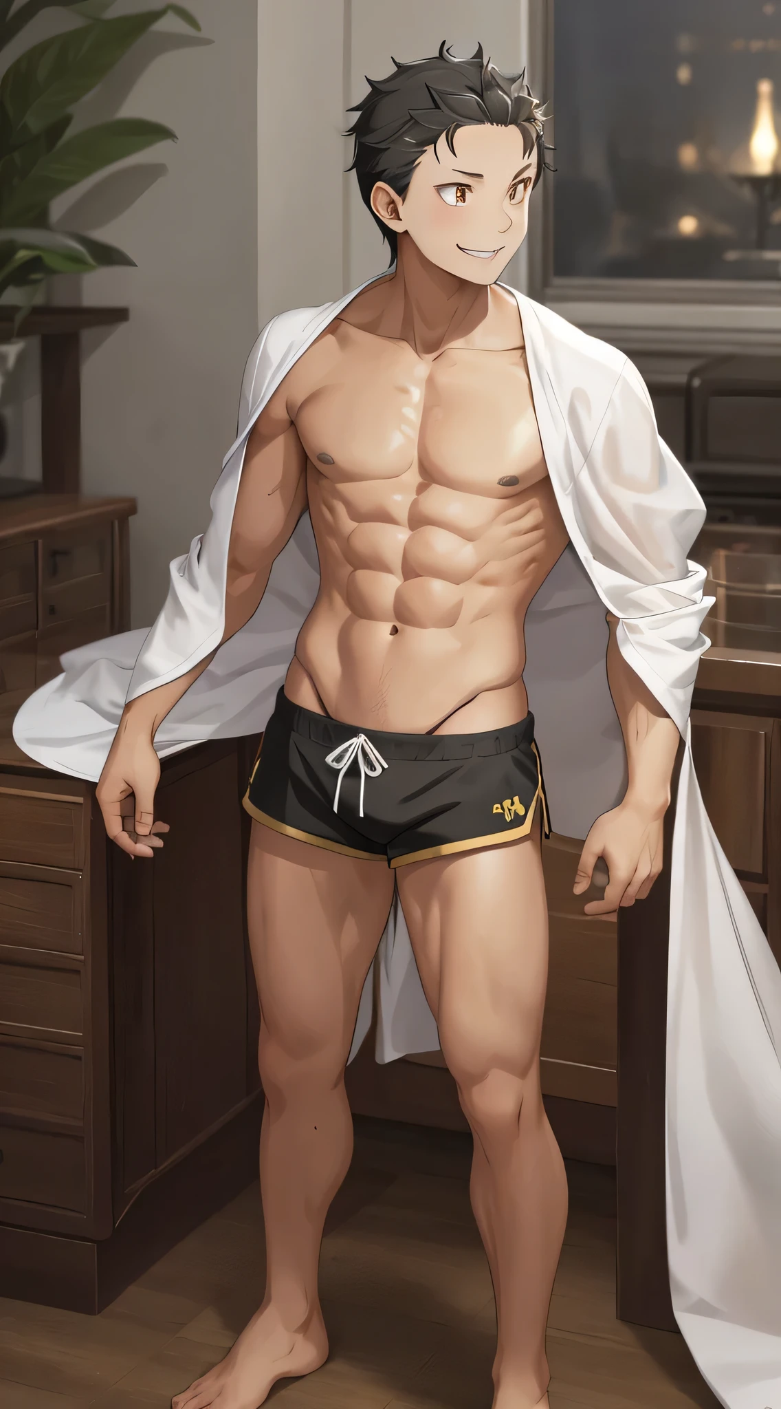 high resolution, sharp focus, Pixiv masterpiece, ((intricate details)), Very detailed, natsuki_subaru, 1 person, Smile, golden eyes(eyes glow), black hair color hair,white shorts,shirtless,abdominal muscles,looking from bottom to top,simple background