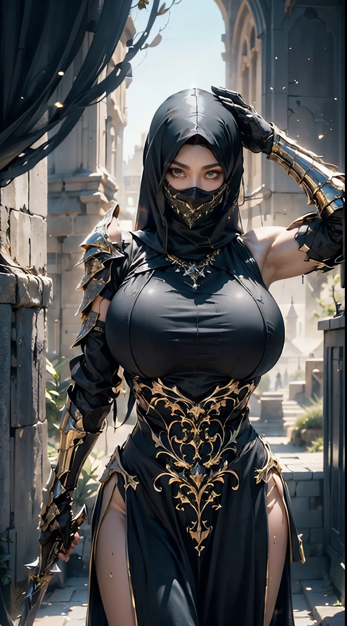 photorealistic, high resolution, 1 girl, hips up, long straight black hair, beautiful eyes, normal breast, dark souls style, armor, black hijab, black niqab, golden embroidery, ultra detailed armpit, sweaty armpit, wet, muscular, desert castle, backlighting,