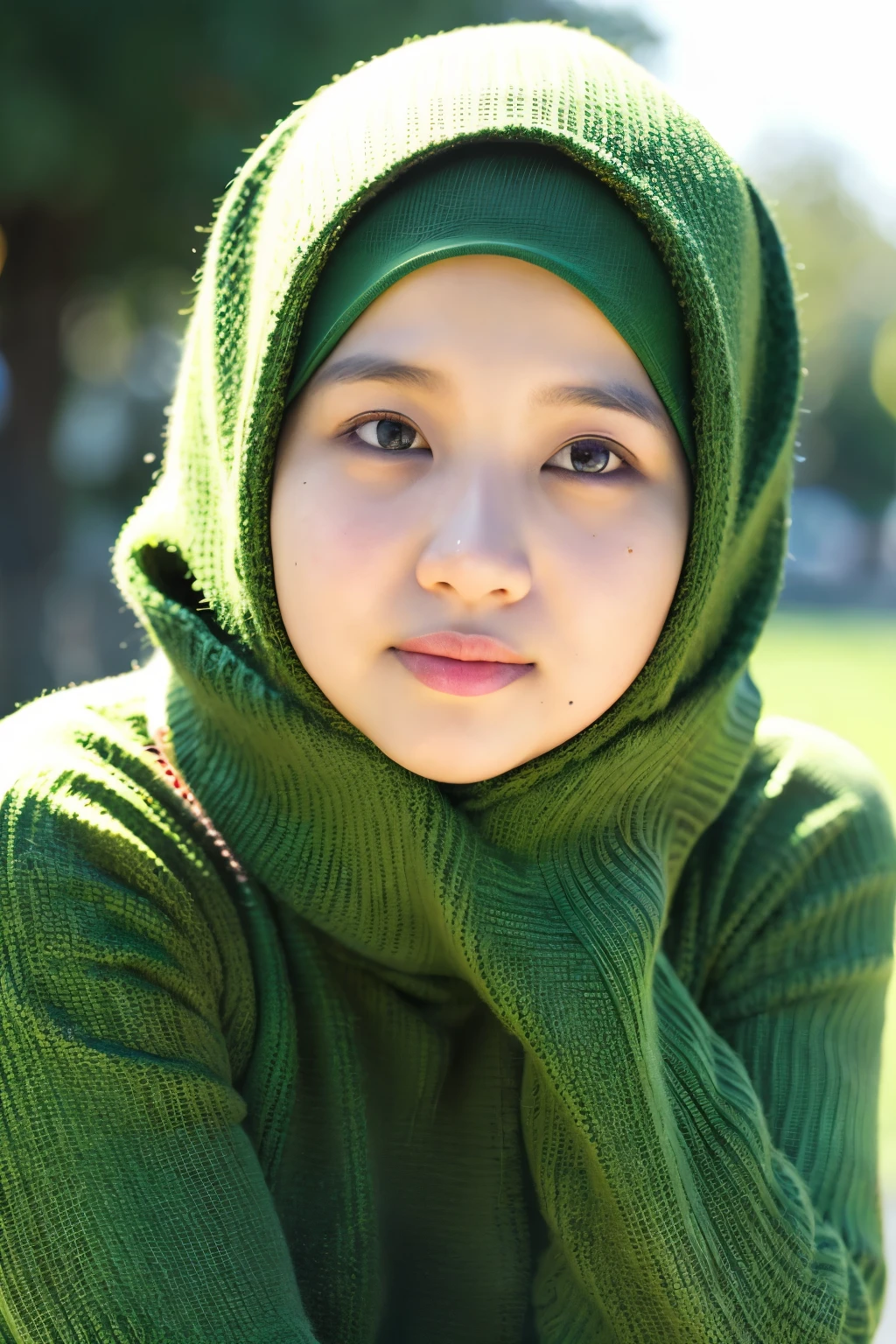 image of a chubby 30 year old woman's face, wearing a hijab, original Indonesian face, wearing a green sweater, very detailed image,((best quality)), ((masterpiece)), (detailed), perfect face
