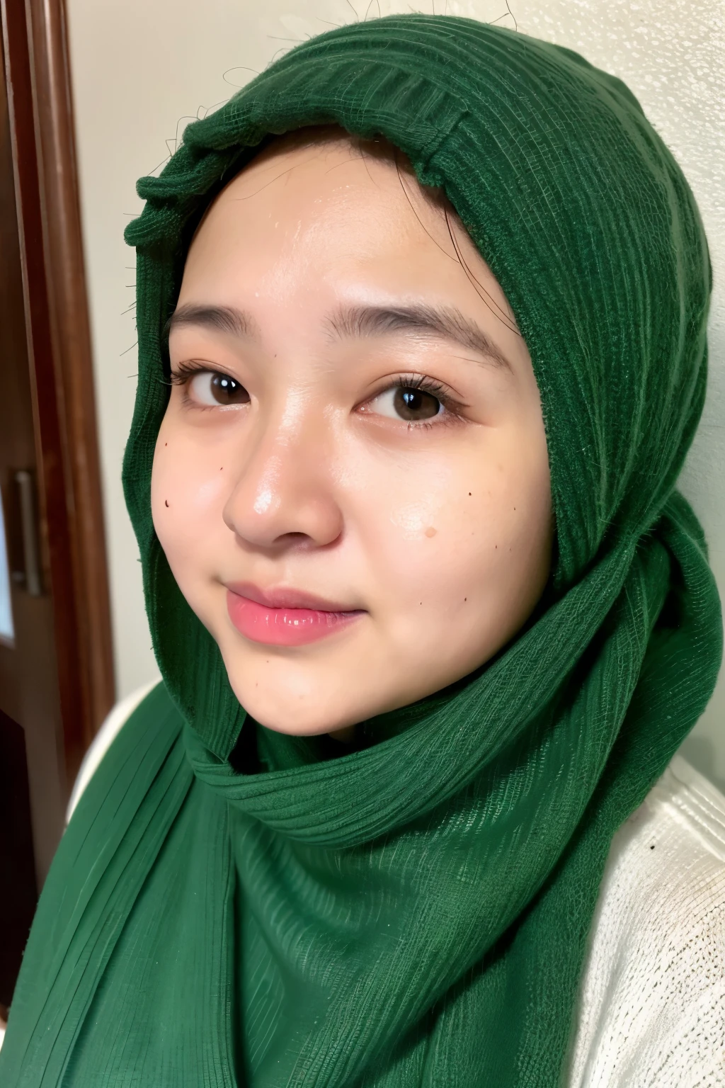 image of a chubby 30 year old woman's face, wearing a hijab, original Indonesian face, wearing a green sweater, very detailed image,((best quality)), ((masterpiece)), (detailed), perfect face