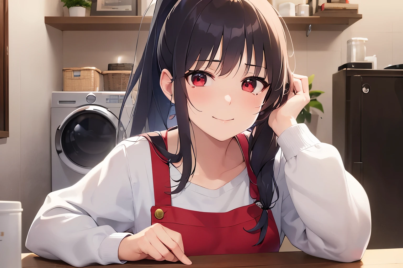 Resting hand on cheek, high quality、masterpiece、Realistic, real person, RAW photo, photorealistic, portrait photography, shiny skin, japanese idol、shiny hair、(25 year old woman with black bangs) and (ponytail:1.2) and (red eyes), curvy, He wears a plain white shirt with long sleeves., (wearing a red apron:1.3)、 (sad smile:1.3), tears, The background is the washroom、washing machine、shelf
