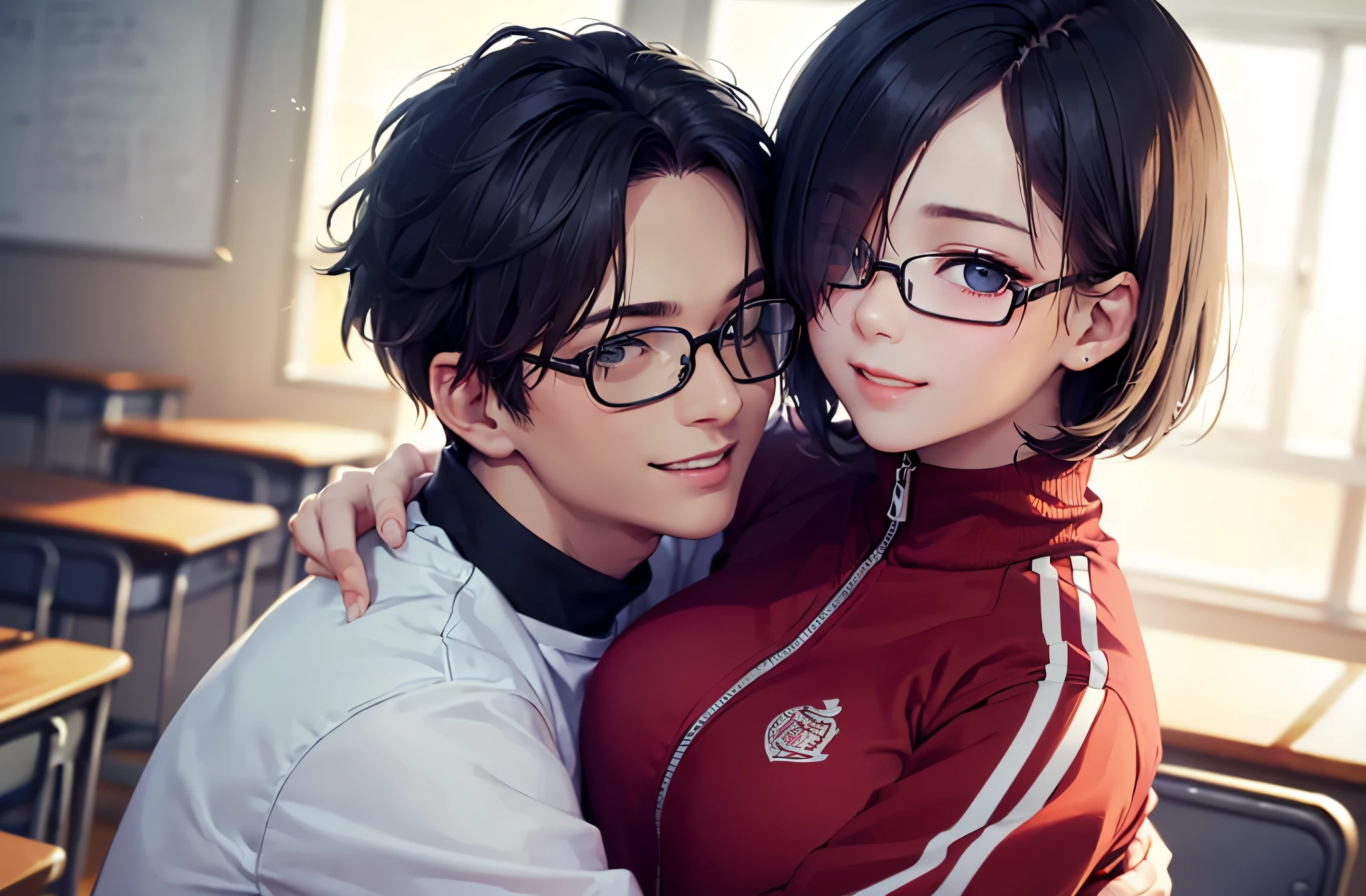 (masterpiece:1.5)、(highest quality:1.5)、(8K:1.2)、(Super detailed:1.2)、(photorealistic:1.2)、(ultra high resolution:1.2)、(Highly detailed and realistic skin:1.2)、(Very detailed and clean sharp eyes:1.2)、(bright lighting:1.4)、(in the school classroom:1.3)、(cool male student:1.6)、(couple hugging each other:1.3)、break、(18 year old woman with slender figure:1.2)、(beautiful eyeliner)、(beautiful eyeshadow)、natural color lip、break、(Short black bob hair that covers one eye:1.3)、(Black glasses:1.3)、break、break、(You can see a little of her dark blue sports panties.:1.3)、break、(red high neck tracksuit:1.2)、(medium beautiful breasts)、(cute smile:1.2)、