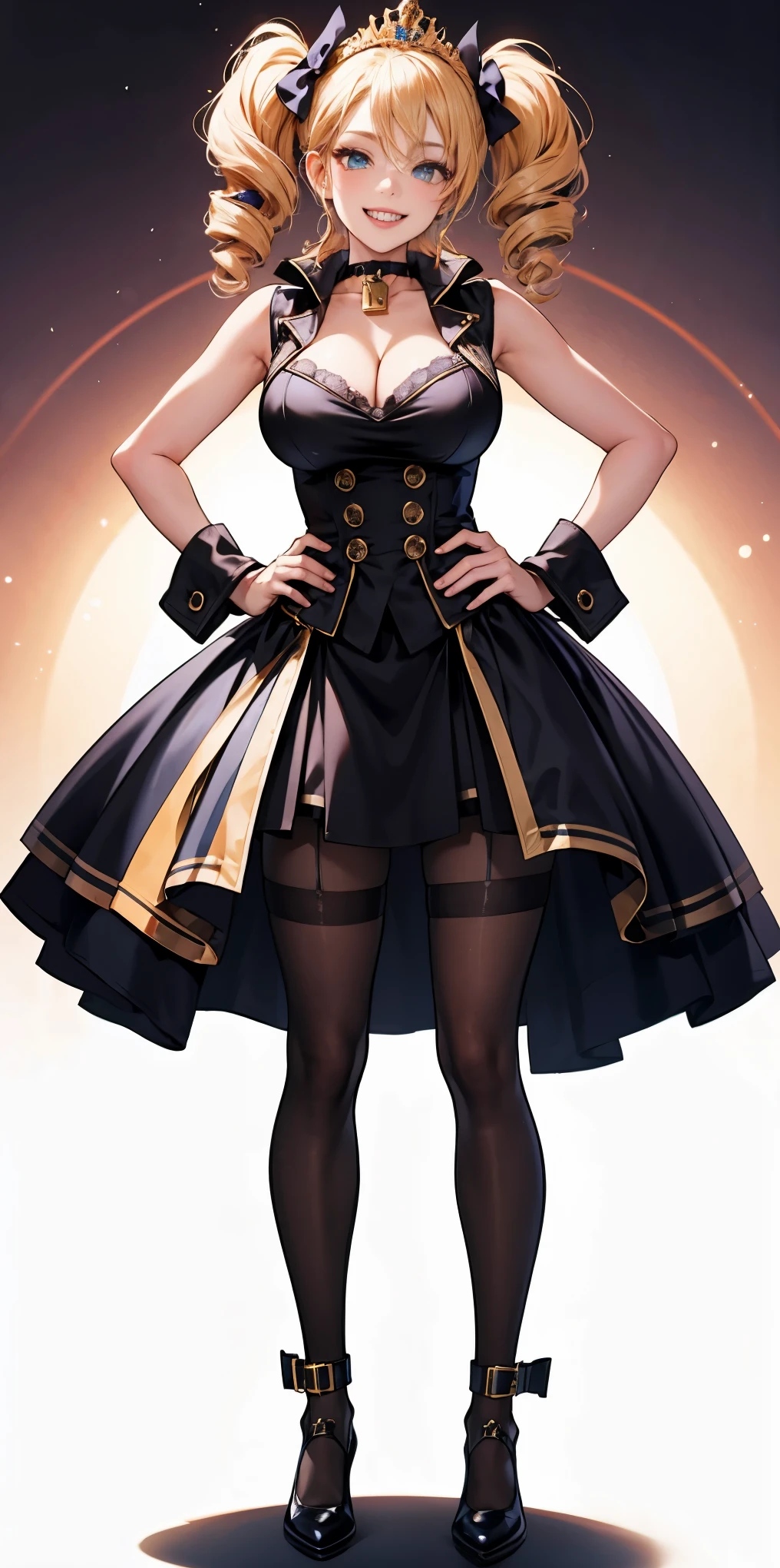 full body standing straight symmetrical, huge cowboy shot, solo 1MILF, lustful smirking smile face, looking at viewer, hands on hips, twintails, twin drills, dress, striped pantyhose, metal handcuffs on their hands with a black maetal slave collar around her neck, cowbell attached to the choker, sleeveless, black stockings, golden tiara
