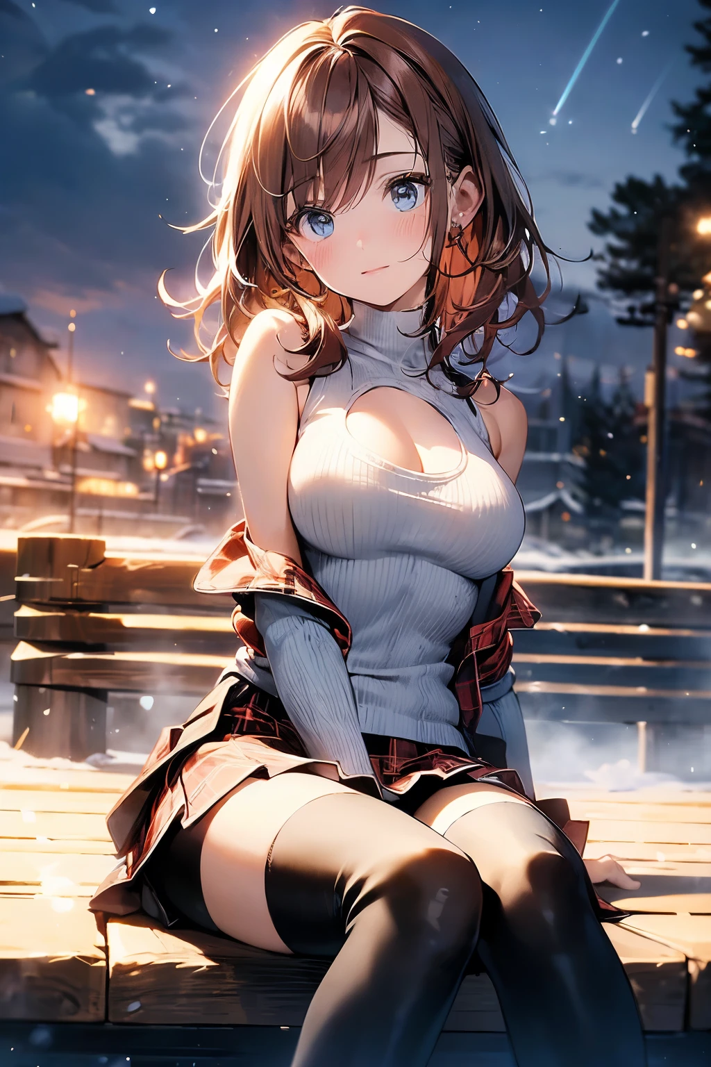 (official art、best quality、Unity 8K Wallpaper、32k、masterpiece、Super detailed、ultra high resolution、actual、Realism:1.2)、(light:1.2)、fire glow effect、film particles、best light and shadow、edge lighting、side lights、(Super detailed且复杂的 3D 渲染)、Exquisite and beautiful face,blue eyes,reddish brown hair,medium breasts, Perfect body,Smile,(Super delicate skin、Detailed skin texture:1.3, blush:1.2)、see whole body,looking into camera, Anime CG style, ((low cut collarless sweater,Plaid skirt,exposing her chest,bare shoulders,Black tights)), sitting in water,Deep mountain hot spring, (wind blows hair,bare shoulders,exposing her chest,Black tights) , night time,full moon snowing