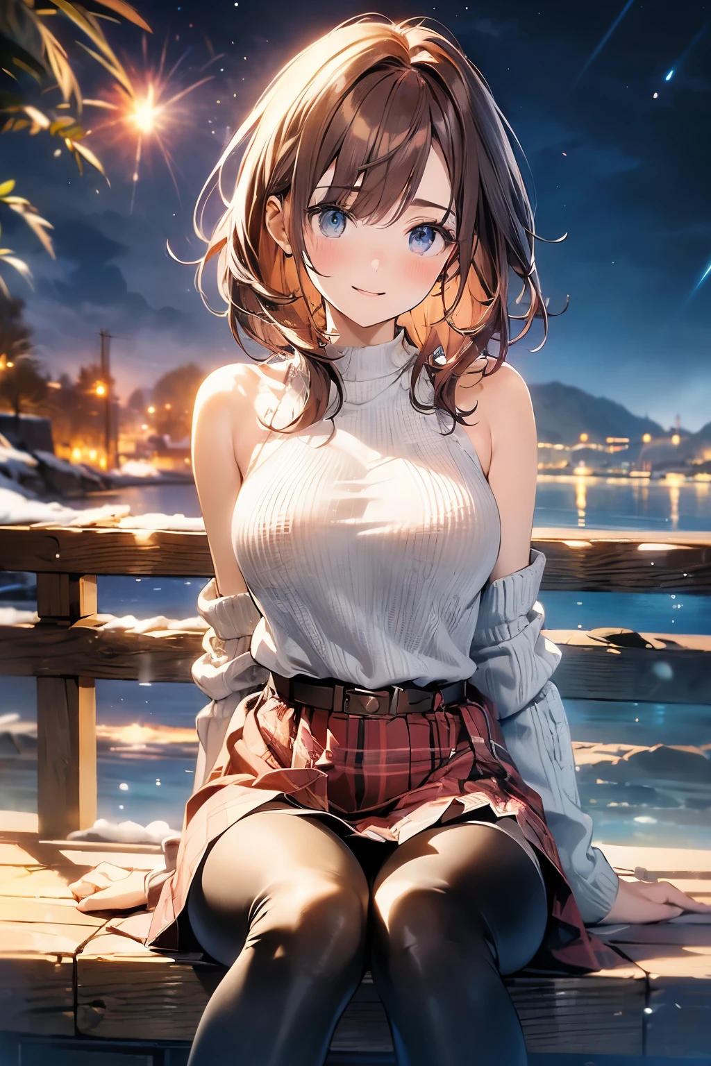(official art、best quality、Unity 8K Wallpaper、32k、masterpiece、Super detailed、ultra high resolution、actual、Realism:1.2)、(light:1.2)、fire glow effect、film particles、best light and shadow、edge lighting、side lights、(Super detailed且复杂的 3D 渲染)、Exquisite and beautiful face,blue eyes,reddish brown hair,medium breasts, Perfect body,Smile,(Super delicate skin、Detailed skin texture:1.3, blush:1.2)、see whole body,looking into camera, Anime CG style, ((low cut collarless sweater,Plaid skirt,exposing her chest,bare shoulders,Black tights)), sitting in water,Deep mountain hot spring, (wind blows hair,bare shoulders,exposing her chest,Black tights) , night time,full moon snowing