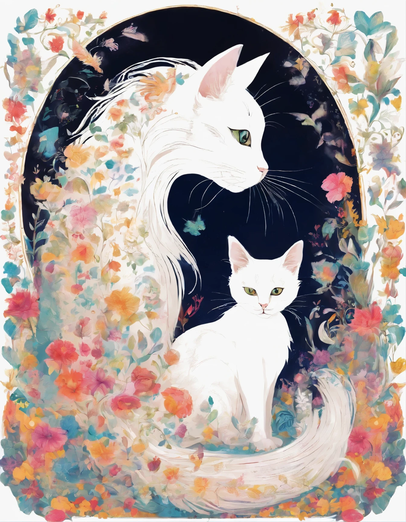 white cat long hair floral　Colorful