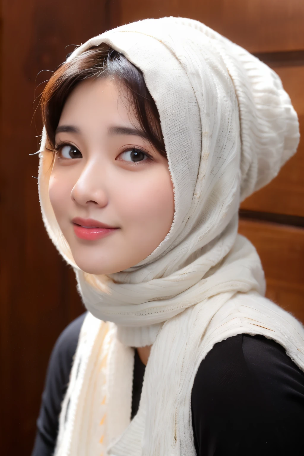 image of a chubby 30 year old woman's face, wearing a hijab, original Indonesian face, wearing a white sweater, very detailed image,((best quality)), ((masterpiece)), (detailed), perfect face