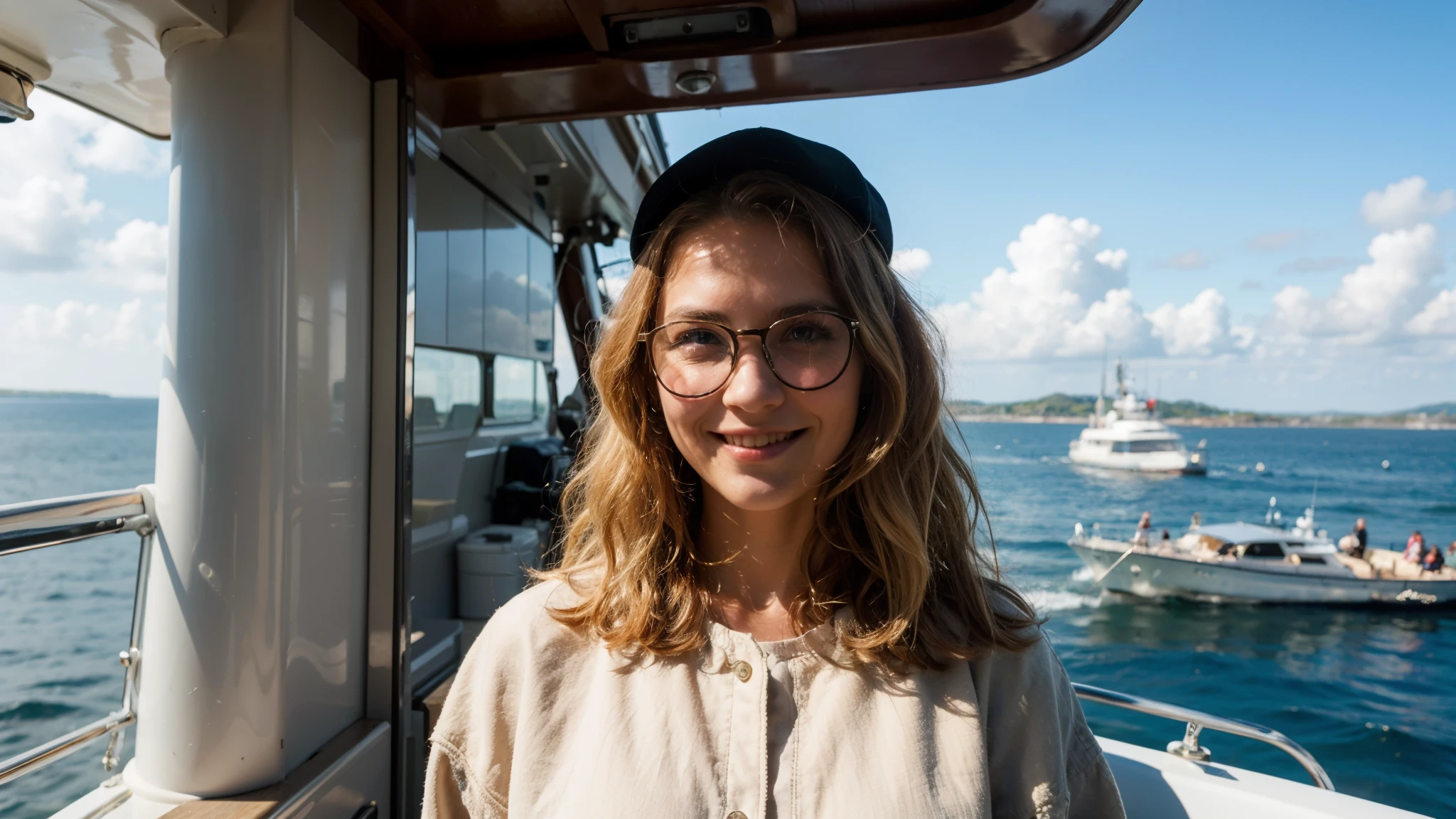 A Victorian girl, blonde wavy hair, smiling face, weaing cod jacket, wearing glasses and white cap, yatch, sea, wide angle shot (((away from viewer))) (((massive detailed)))