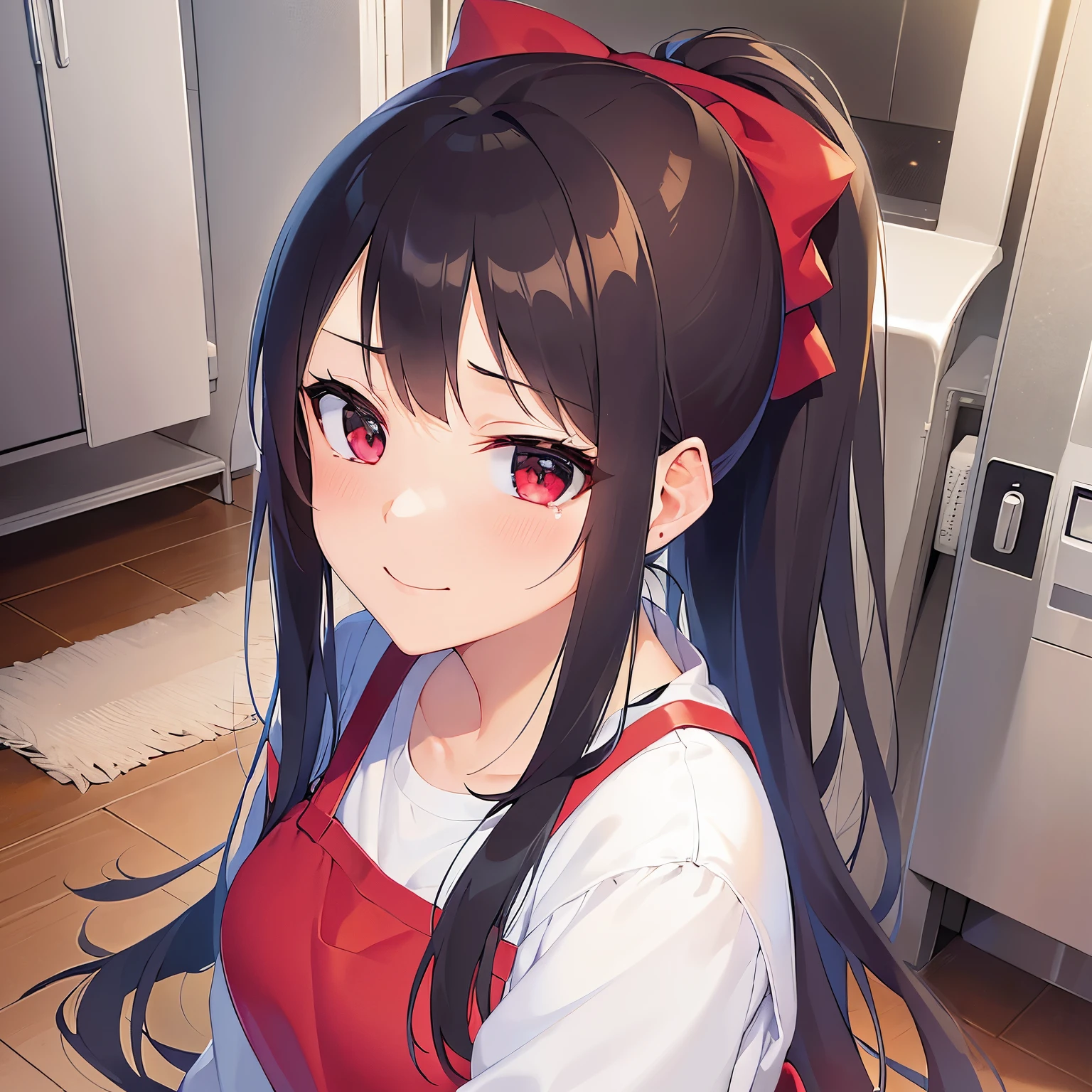 Touching cheek, high quality、masterpiece、Realistic, real person, RAW photo, photorealistic, portrait photography, shiny skin, japanese idol、shiny hair、(25 year old woman with black bangs) and (ponytail:1.2) and (red eyes), curvy, He wears a plain white shirt with long sleeves., (wearing a red apron:1.3)、 (sad smile:1.3), tears, The background is the washroom、washing machine、shelf