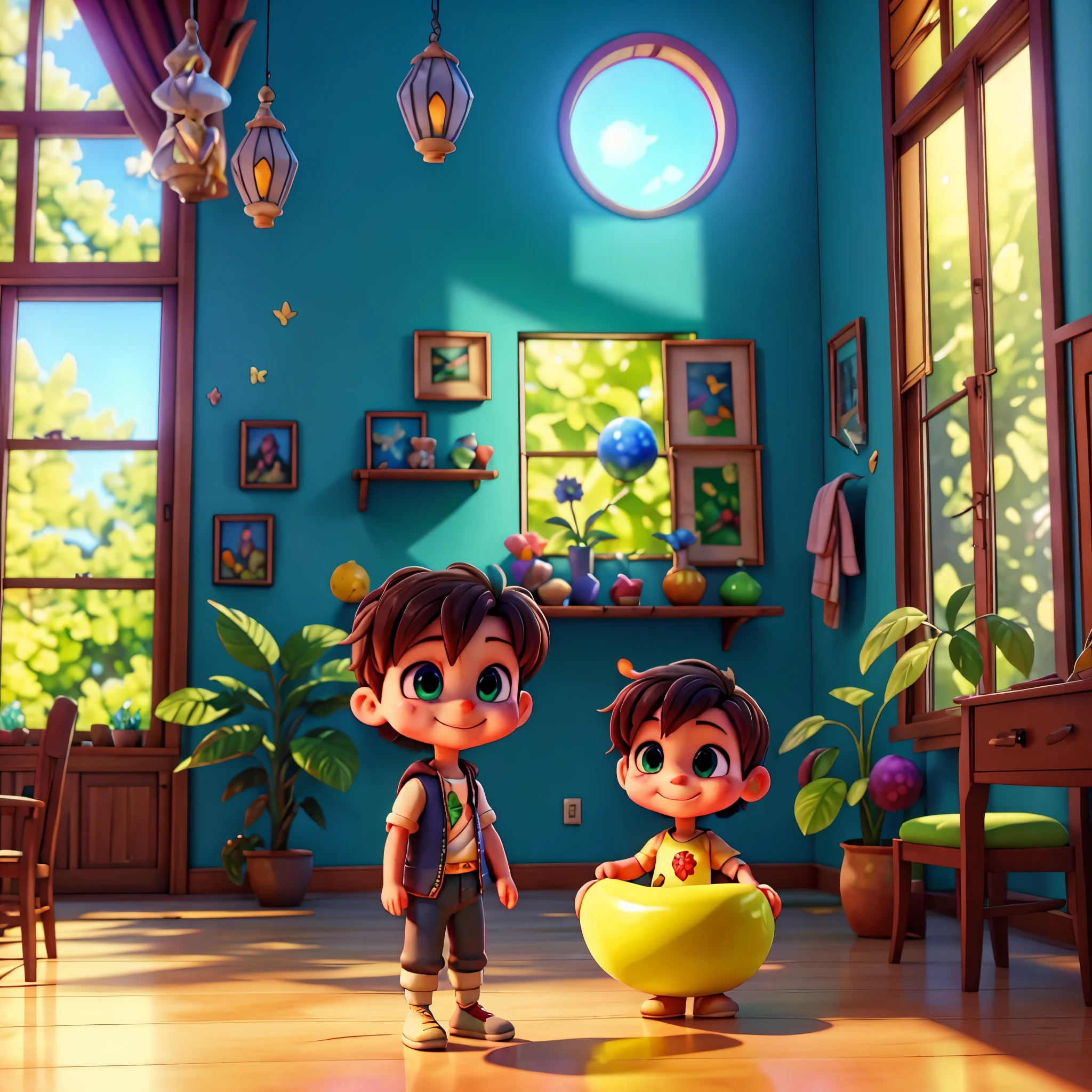 Nebula starry_sky Day sunset epic sunrise spacious sunshine Painting Wall, Boy: Miguel, approximately 5 years old, short Disney style hair, brown eyes and smiling. Girl: Giovana, 2 years old, long black hair and blue eyes. Scenario: Miguel and Giovana are in a cozy little house in the valley, in the background a sunny day, highlighting the sun. Unrealengine5 ultra masterpiece ❤ meticulously intricate ultra_high-details ultra_high-def ultra_high-res ultra_high-quality optimal ultra_sharpness ultra_Pro-photo-realistic cgi vfx sfx reflex Octane_rendered extreme improved UHD focus XT3 accurate DSLR HDR romm rgb pbr 3dcg fxaa blay vivid colors-coded anti-aliasing fkaa txaa rtx ssao opengl-shaders glsl-shaders post-processing post-production cell-shading tone-mapping perfection volumetric Lightning contrast Cinematic sunlight backlight global illumination sunflower luminescence Crystalline invoke magic monarch monstrous creature sundrop onyx summon transparent ruby Tourmaline pearl opal fleuraison monster butterfly reflection windows strange "Wall-Paint" glow lazuli flash Earth saturate hearth SunOven blooms grapes floraison Tattoo half-naked nsfw varies multi etc. --v 6 --s 1000 --c 20 --q 20 --chaos 100