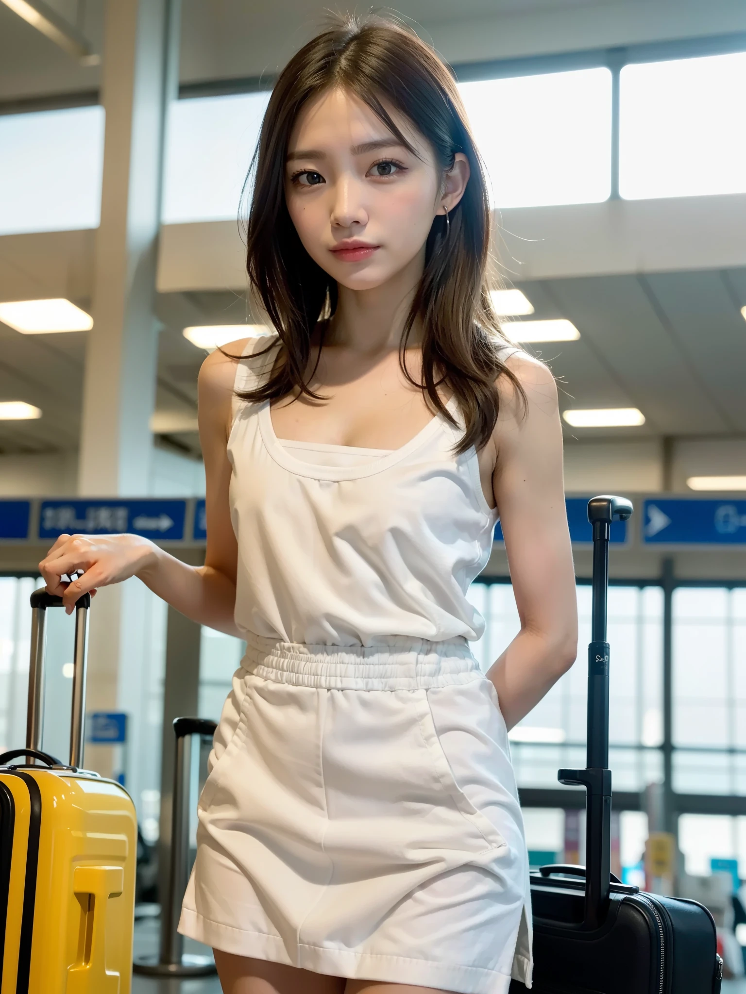 ((Best of the highest quality, 8k, Masterpiece: 1.3, raw photo)), Sharp focus: 1.2, (1 AESPA girl: 1.1), (Solo: 1.18), (realistic, photo-realistic:1.37), face focus, cute face, finely eyes, (Small breasts, flat chest, Thigh: 1.3), short messy hair, updo, (full nude, skirt, standing, from below: 1.2), terminal, airport,